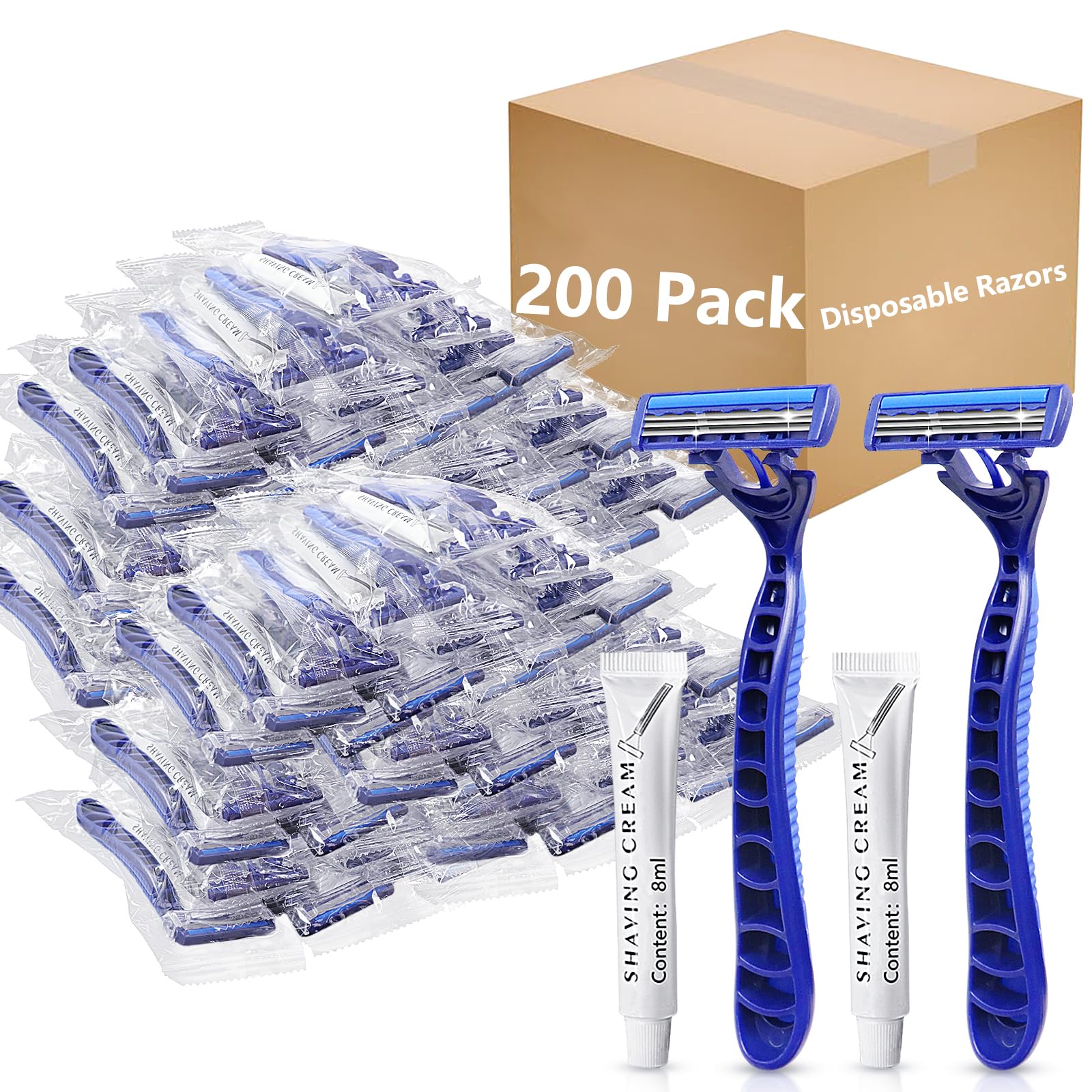 200 Pack Kheoxusa 3-Blade Disposable Razors - Individually Wrapped Triple Blade Shavers for Men & Women - Perfect for Travel, Hotels, Airbnb, Shelters, Gyms & Emergency Kits (Blue)