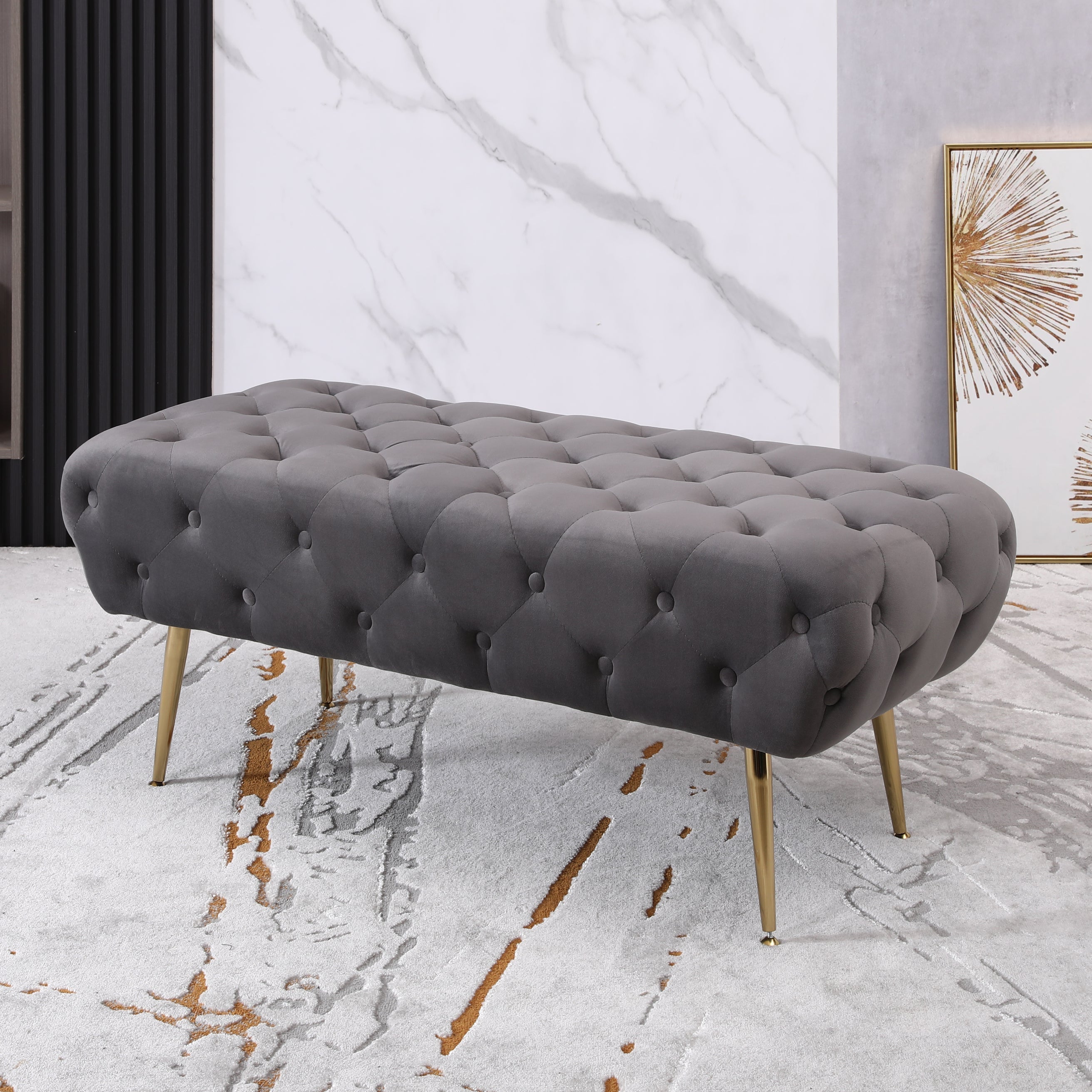 Roundhill Furniture Sira Velvet Button Tufted Bench with Gold Metal Legs - Gray Upholstered Storage Ottoman for Living Room, Bedroom, or Entryway