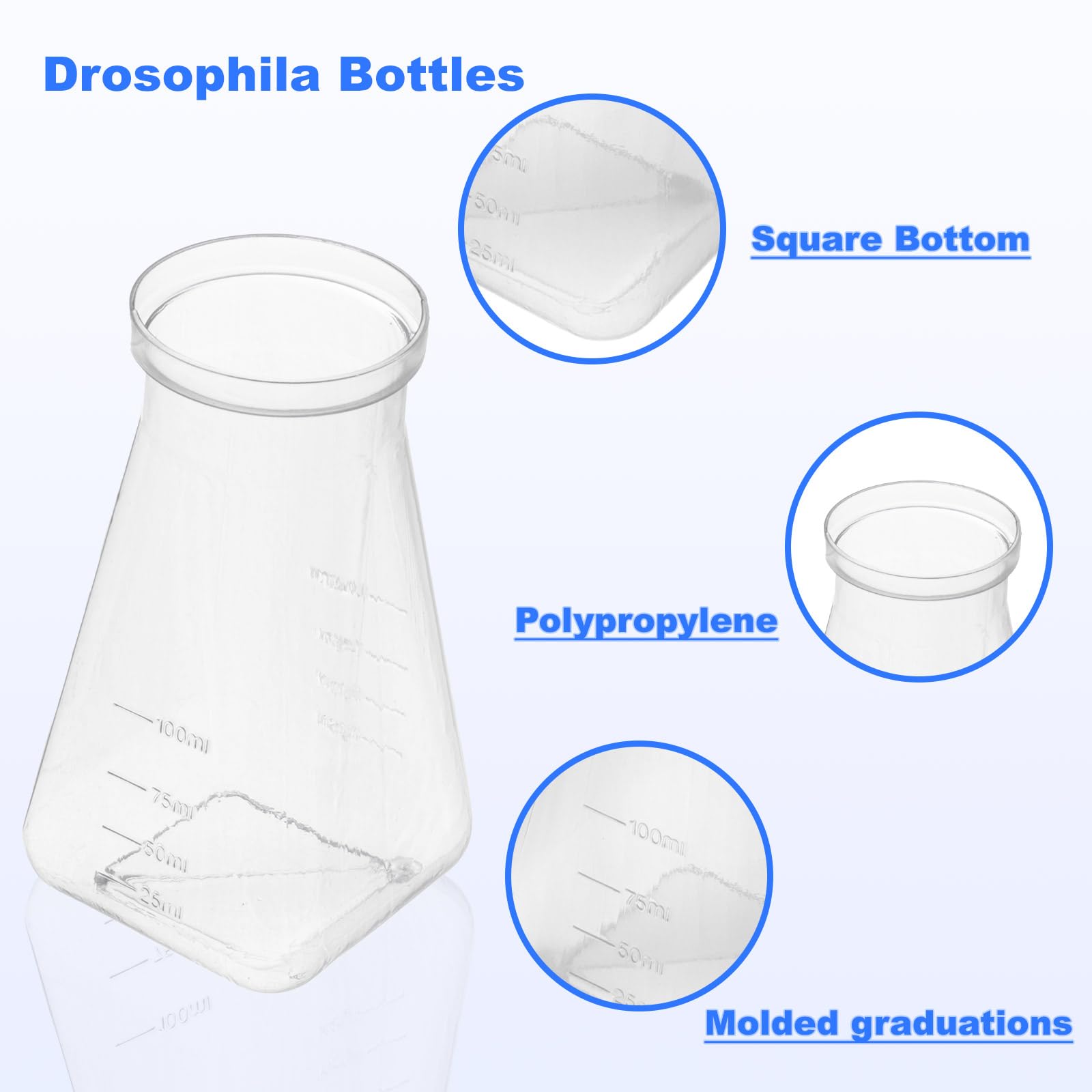 Polypropylene Drosophila Bottles - Bulk 177ml Square Bottom Stock Bottles (Case of 200) for Lab Research & Fruit Fly Culturing