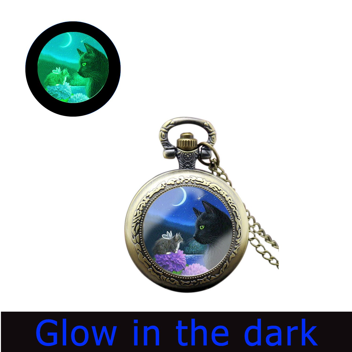 Glowlala Cat Glowing Watch Necklace - Full Moon & Pocket Watch Pendant in Brass - Perfect for Gothic Fashion, Cosplay & Unique Gifts