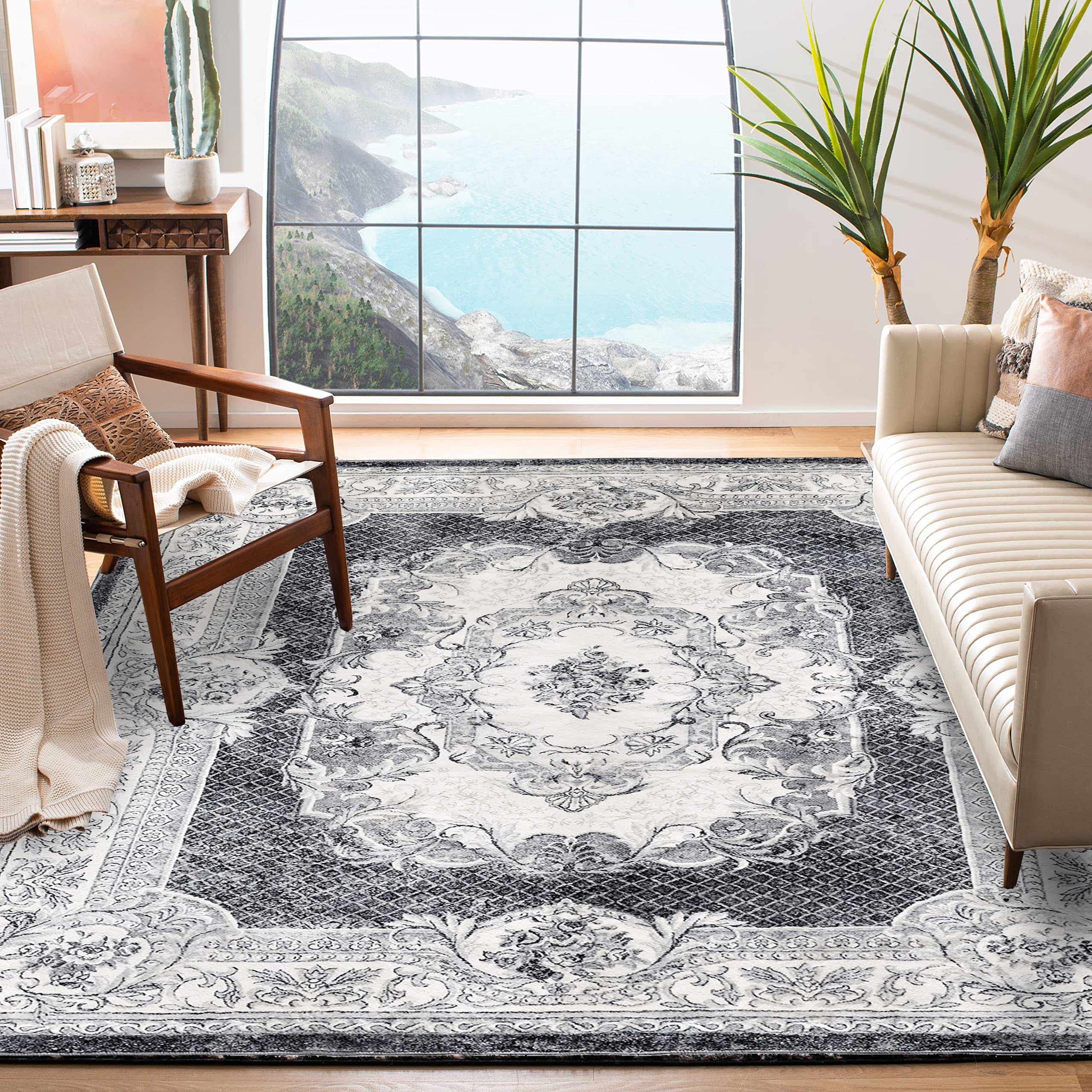 Calore Non-Slip Washable Area Rug 5.3'x6.7' - Soft Indoor Carpet for Living Room, Bedroom & Dining Room - Grey and White - Perfect for Home Decor, Pet-Friendly & High Traffic Areas