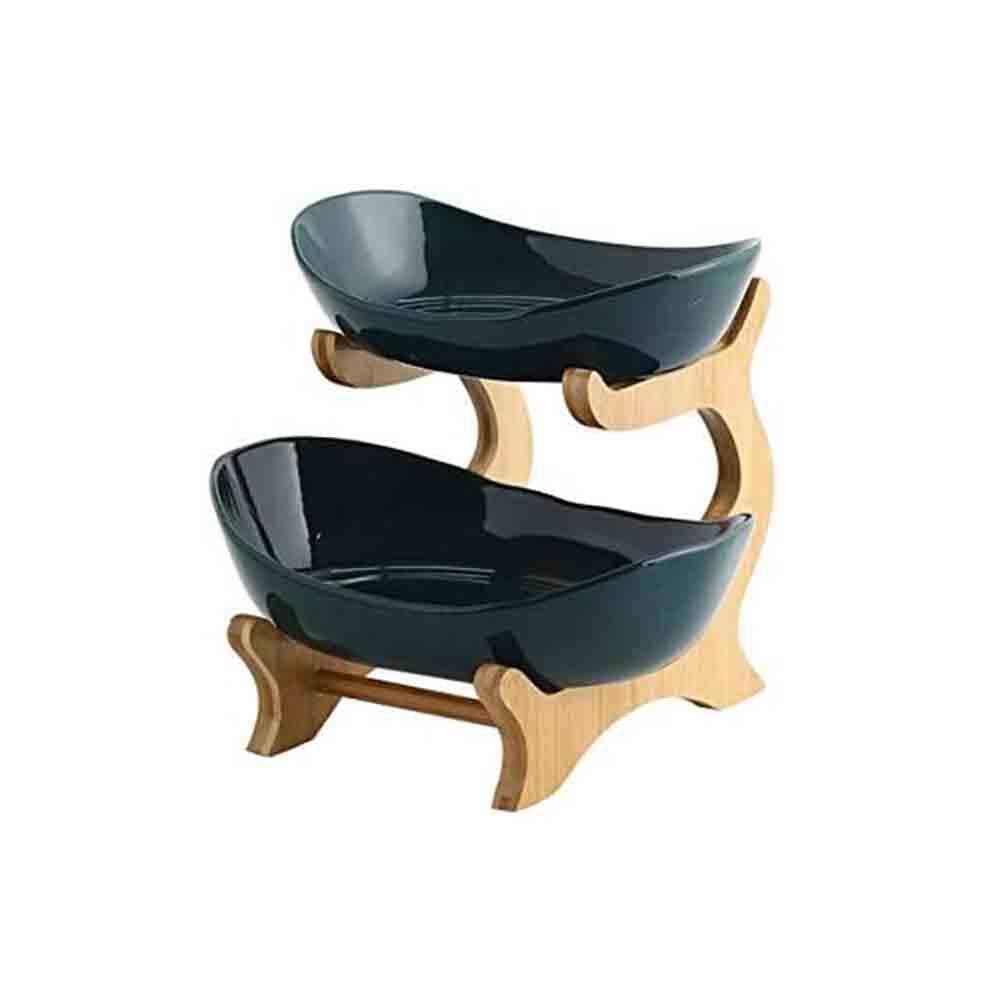 3-Tier Wooden Fruit Basket with Ceramic Bowl - Dried Fruit & Snack Organizer for Kitchen Counter, Dining Table Decor - White & Green (Household Storage, Dessert Display)