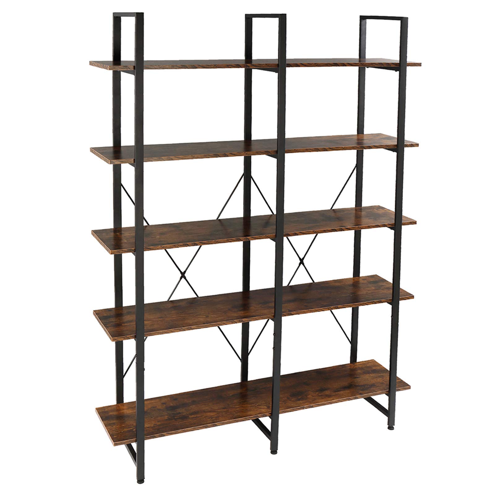 Bysesion GT1-XJ 5-Tier Industrial Bookshelf - Double Wide Vintage Wood & Metal Bookcase for Home Office, Living Room, Bedroom - Open Storage Shelf for Books, Decor, Plants & Display