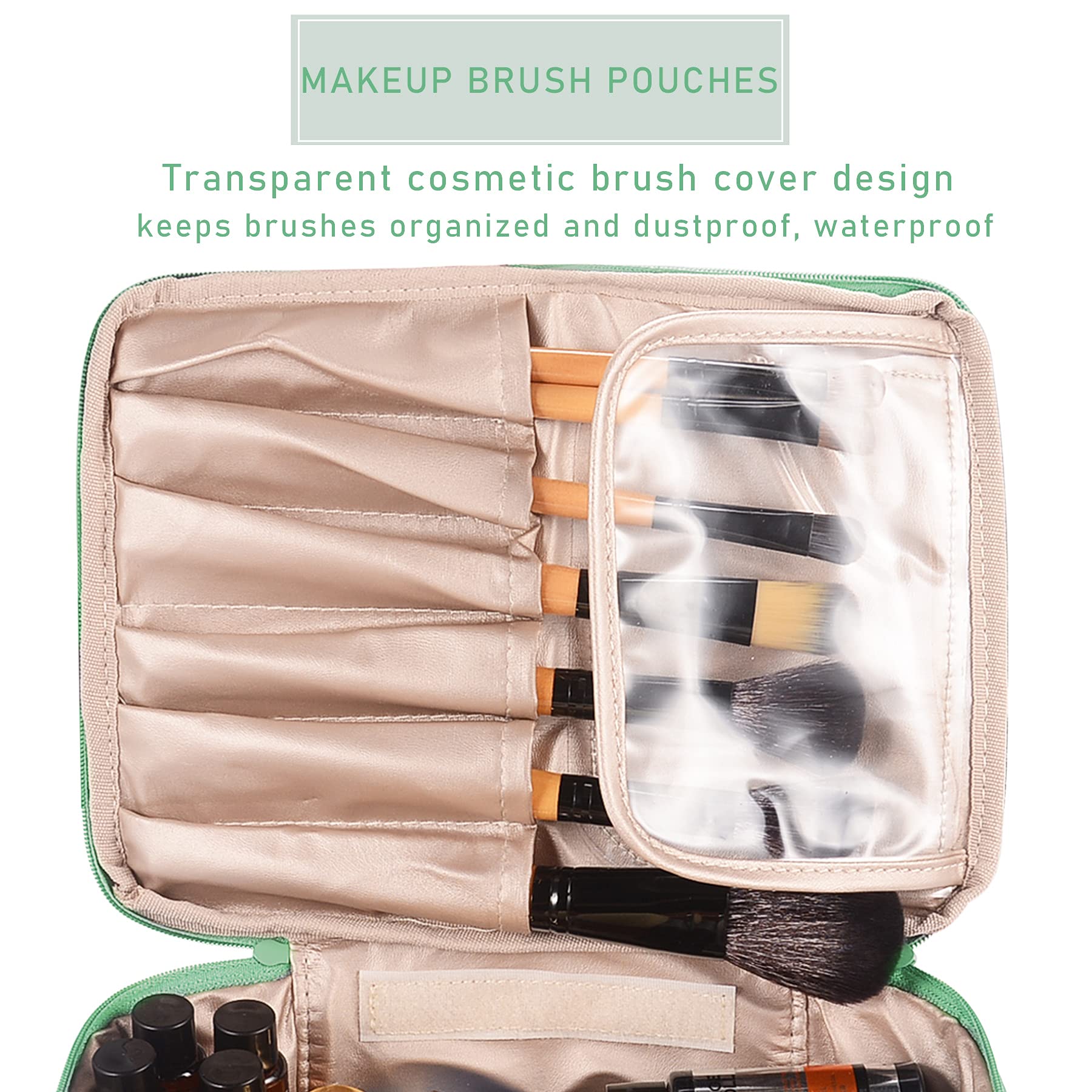 EXGOX Large Waterproof Makeup Bag for Women - Travel Cosmetic Organizer with Brush Holder, Reusable Toiletry Bag for Makeup Brushes & Cosmetics (Green) | Perfect for Travel, Gym, Beach & Daily Use