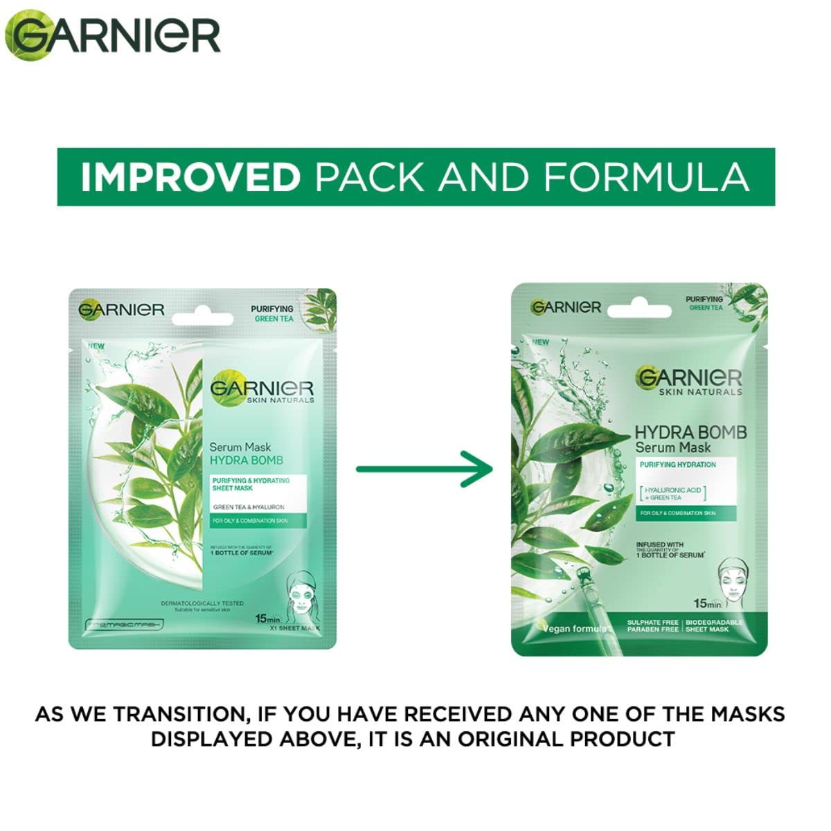 Garnier Skin Naturals Hydra Bomb Green Tea Serum Mask - Purifying & Pore Reducing Facial Sheet Mask, 1pc (28g) - Deep Hydration for Oily & Combination Skin