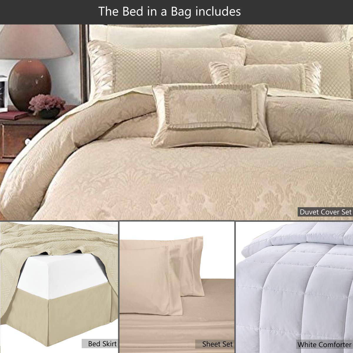 13-Piece California King Bed in a Bag Set - Beige Duvet Cover, 100% Cotton Sheets, Bed Skirt & Down Alternative Comforter | Complete Luxury Bedding for Master Bedrooms & Guest Suites