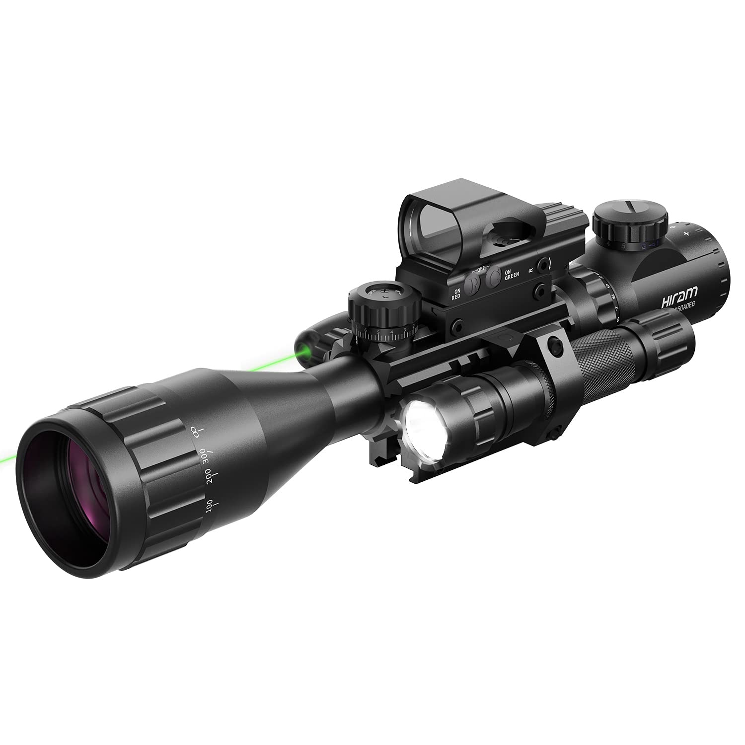 HiRAM 4-16x50 AO Rifle Scope Combo with Green Laser, Reflex Sight & 5-Mode Flashlight - Perfect for Hunting, Tactical Shooting & Long-Range Target Practice