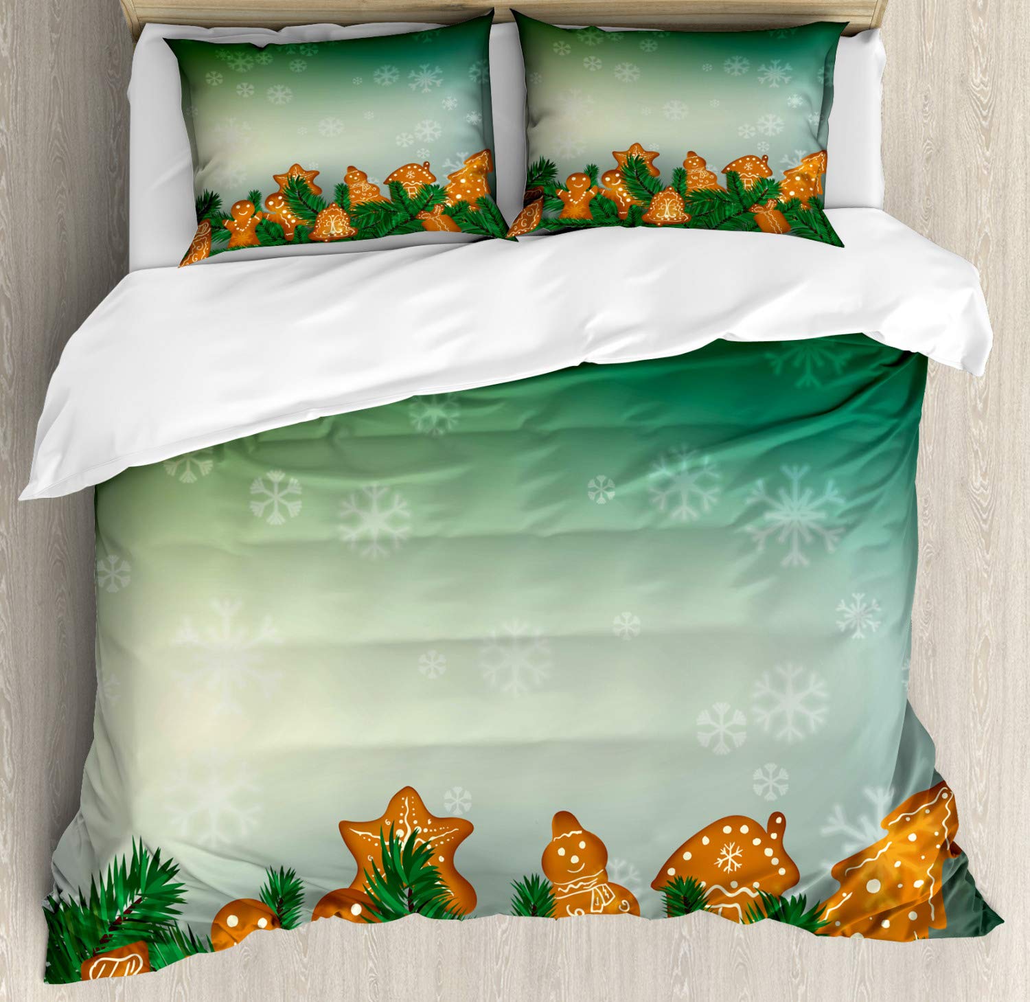 Ambesonne Gingerbread Man Duvet Cover Set - Christmas Themed Bedding with Xmas Cookies, Snowflakes & Fir Branches - 2 Duvet Covers & 4 Pillowcases (2 Pack, Cal King Size, Green Pale Brown) - Perfect for Holiday Decor & Cozy Winter Bedrooms