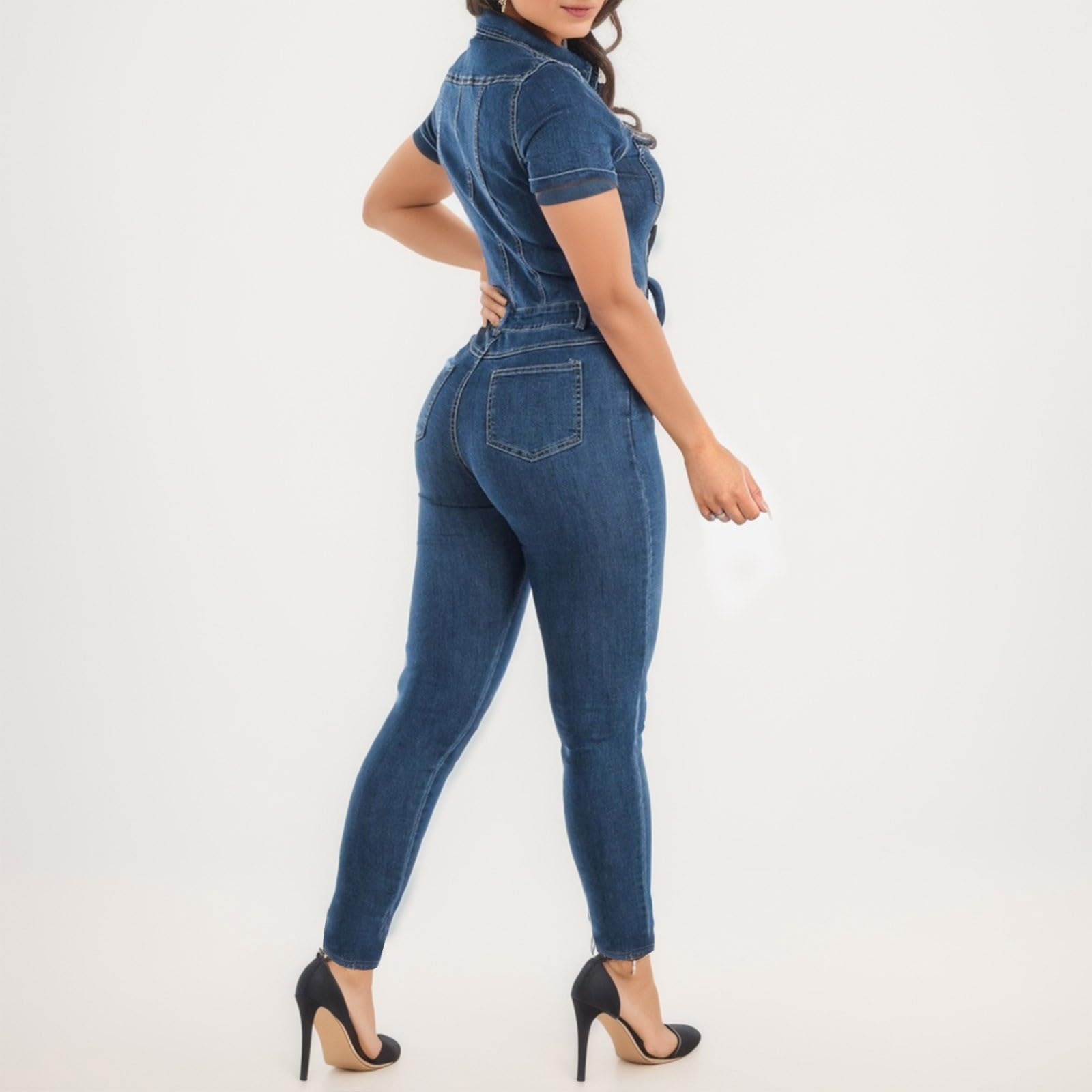 Sexy Women's Denim Jumpsuit - Stretchy Bodycon Long Romper with Pockets | One Piece Clubwear for Night Out, Party & Casual Wear