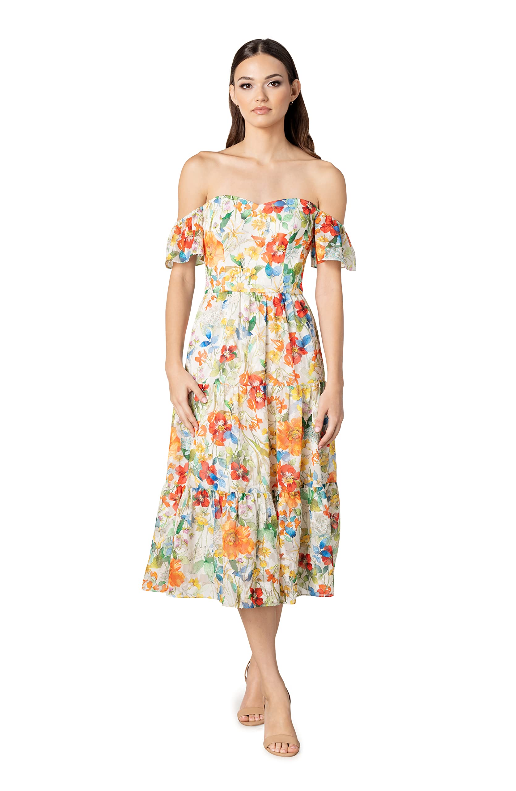 Dress the Population Women's River Fit and Flare Midi Dress - Elegant Flowy A-Line Dress for Wedding Guest, Cocktail Party & Summer Vacation
