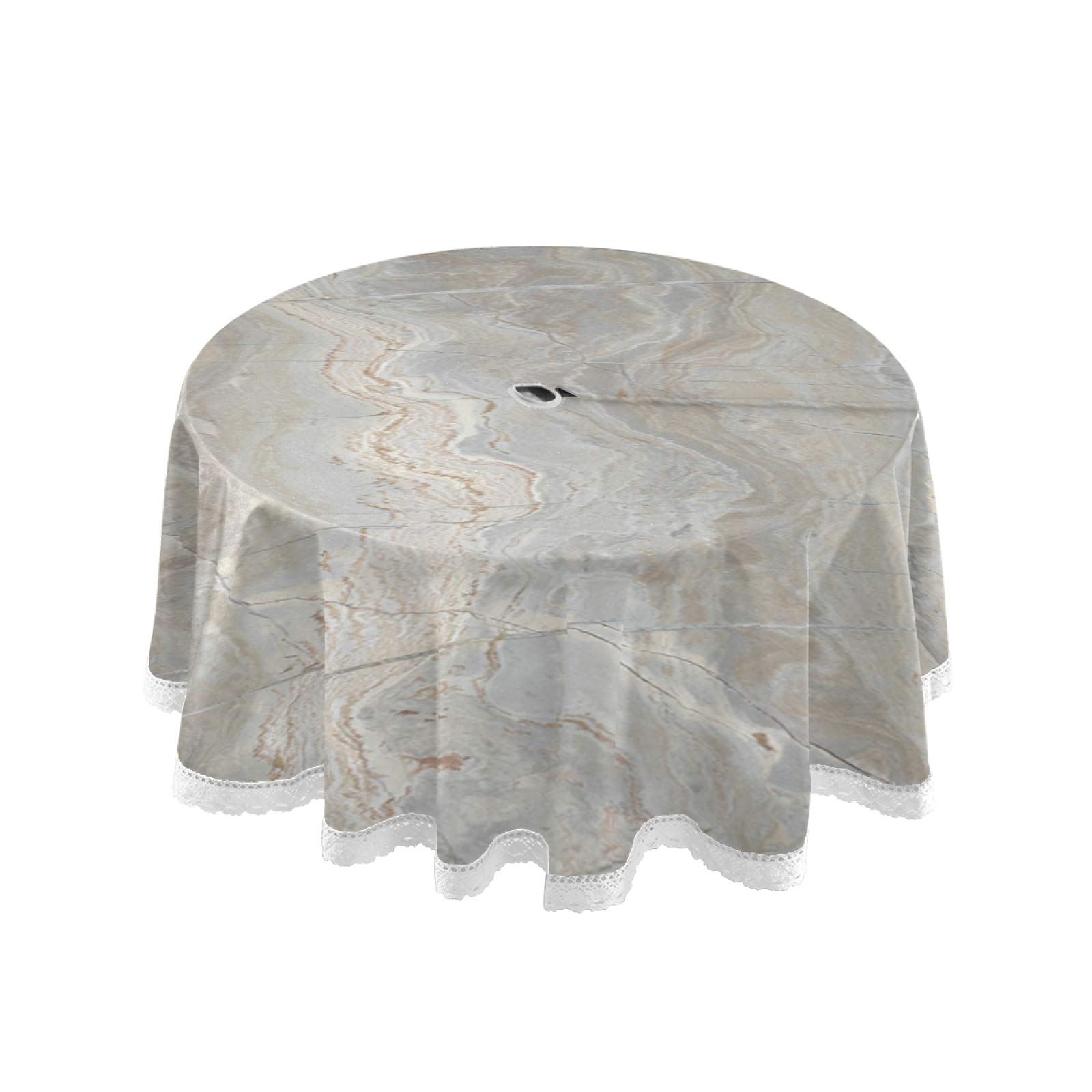 Heat-Resistant Qilmy Marble Round Tablecloth with Umbrella Hole & Zipper - 60 Inch Waterproof Outdoor Table Cover for Camping, Picnic, BBQ, and Garden Parties