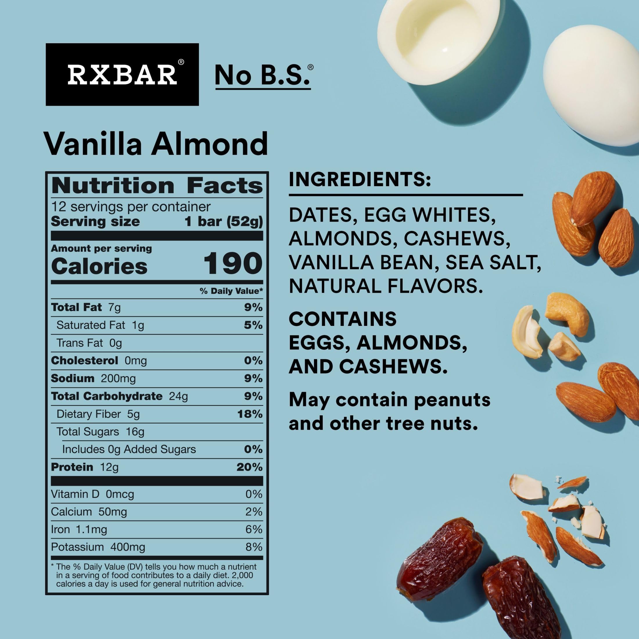 RXBAR Protein Bars - Vanilla Almond Flavor, 12 Pack (22oz) | High Protein Snack Bars for Workout Recovery, Healthy On-the-Go Breakfast & Travel Snacks | Gluten Free, No Added Sugar, Whole Food Ingredients