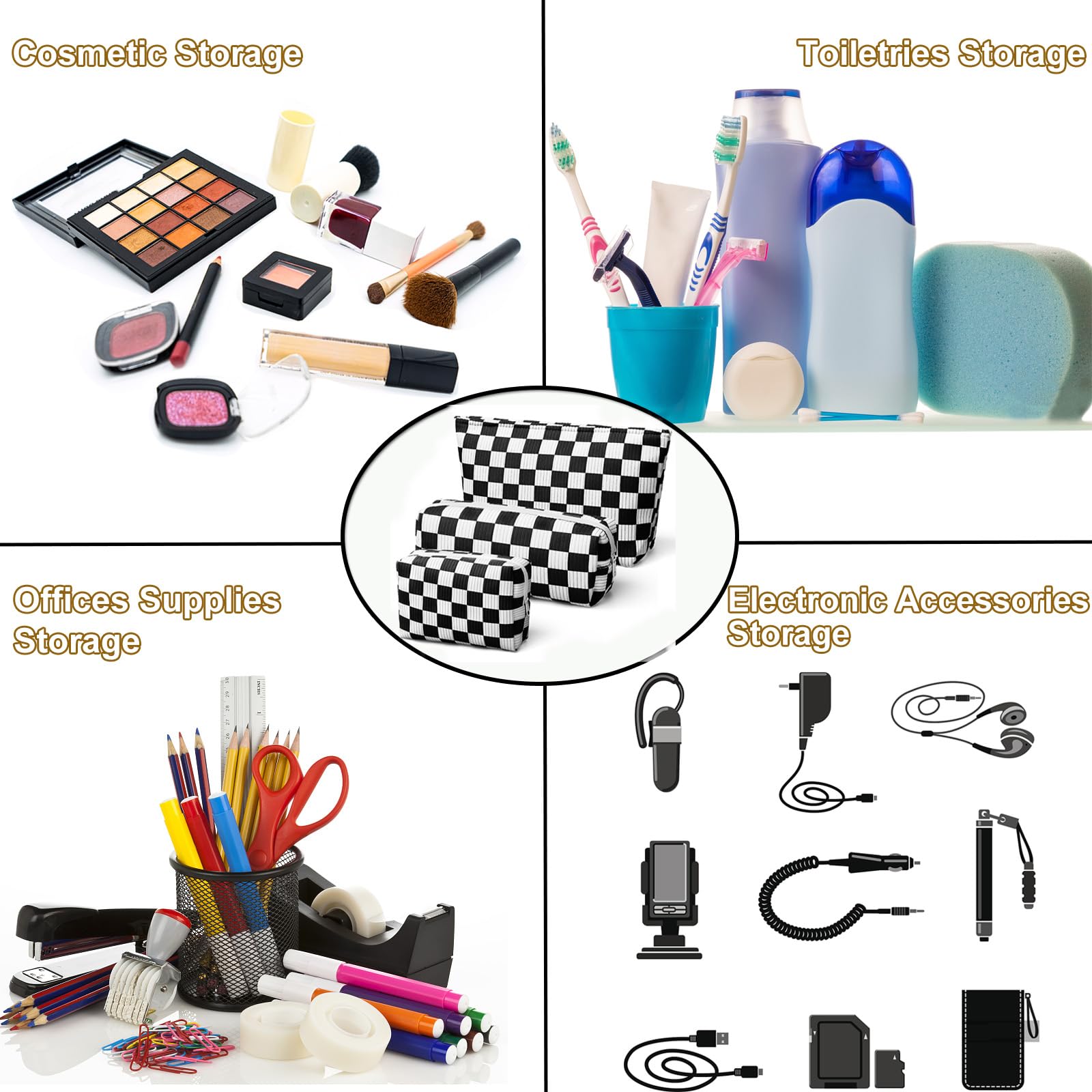 3-Piece Checkered Cosmetic Bag Set - Small Zippered Makeup Pouch & Brush Organizer - Black & White Corduroy Travel Makeup Bag for Women - Perfect for Travel, Gym & Daily Essentials Storage