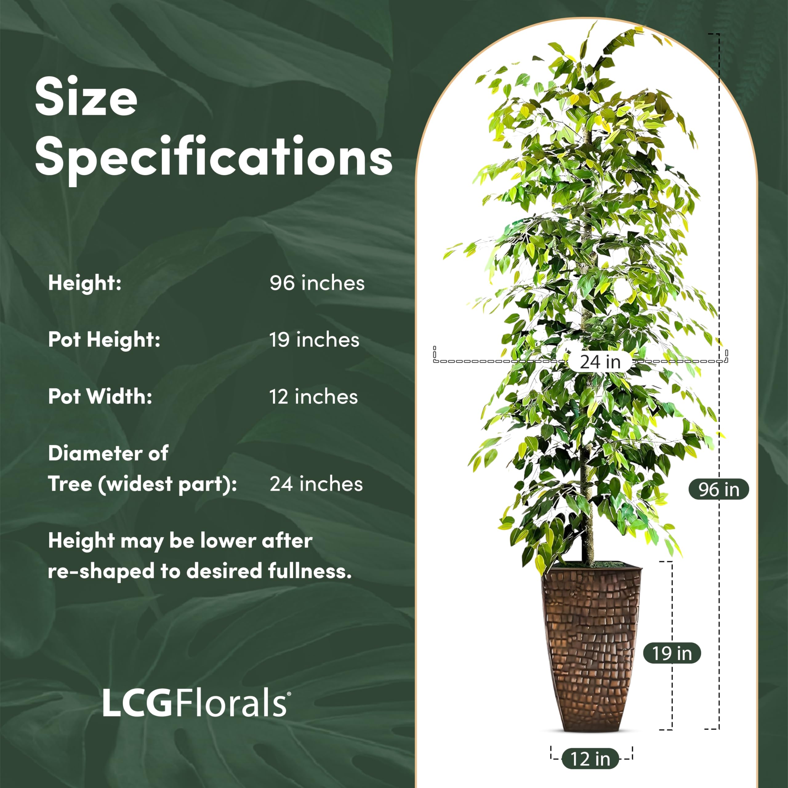 LCG Florals - 8FT Artificial Ficus Tree with Real-Wood Trunk in Copper Metal Pot - Indoor Outdoor Faux Plant for Home, Office, Patio Decor - Perfect for Living Room, Bedroom, Garden & Commercial Spaces