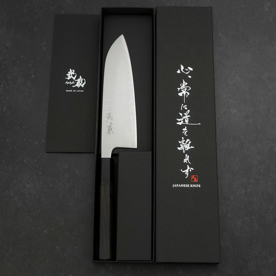 Premium Santoku Knife 165mm - Blue Super Polished Steel with Buffalo Ebony Handle - Japanese Kitchen Knife for Professional Chefs & Home Cooking - Perfect for Slicing, Dicing & Chopping Vegetables, Meat & Fish