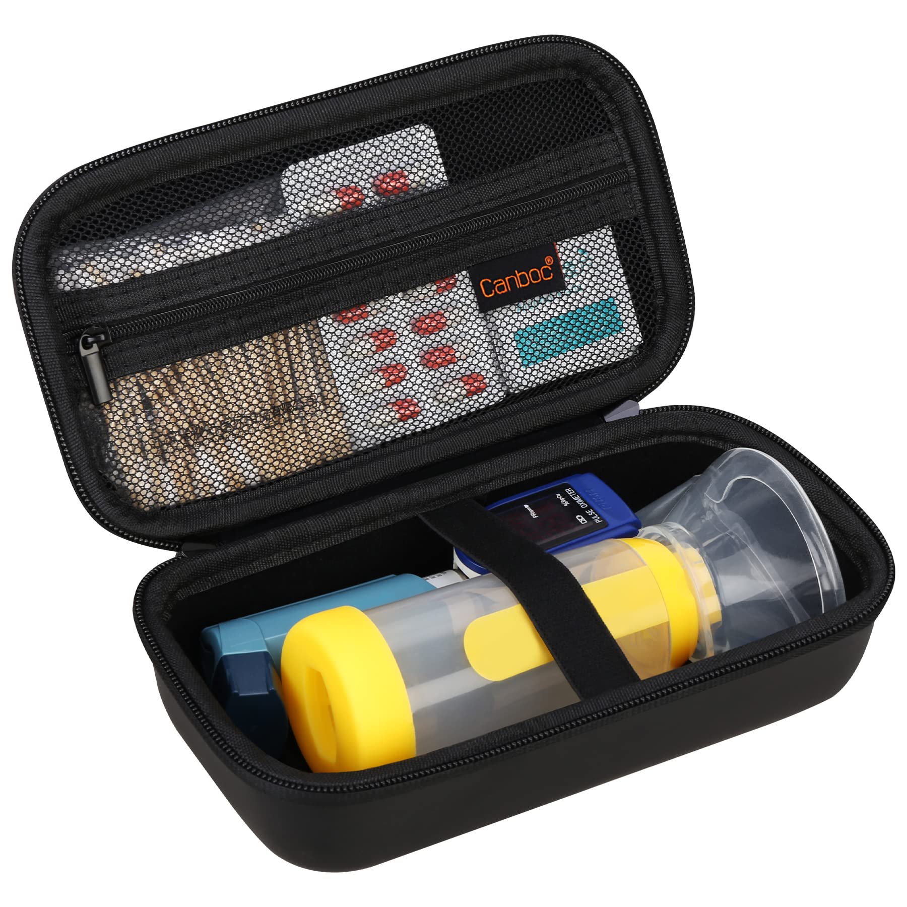 Canboc Portable Asthma Inhaler Travel Case with Handheld Spacer - Hard Protective Storage for Adults & Kids, Includes Mesh Pocket for Medicine & Essentials (Black) - Perfect for Travel, School & Daily Use