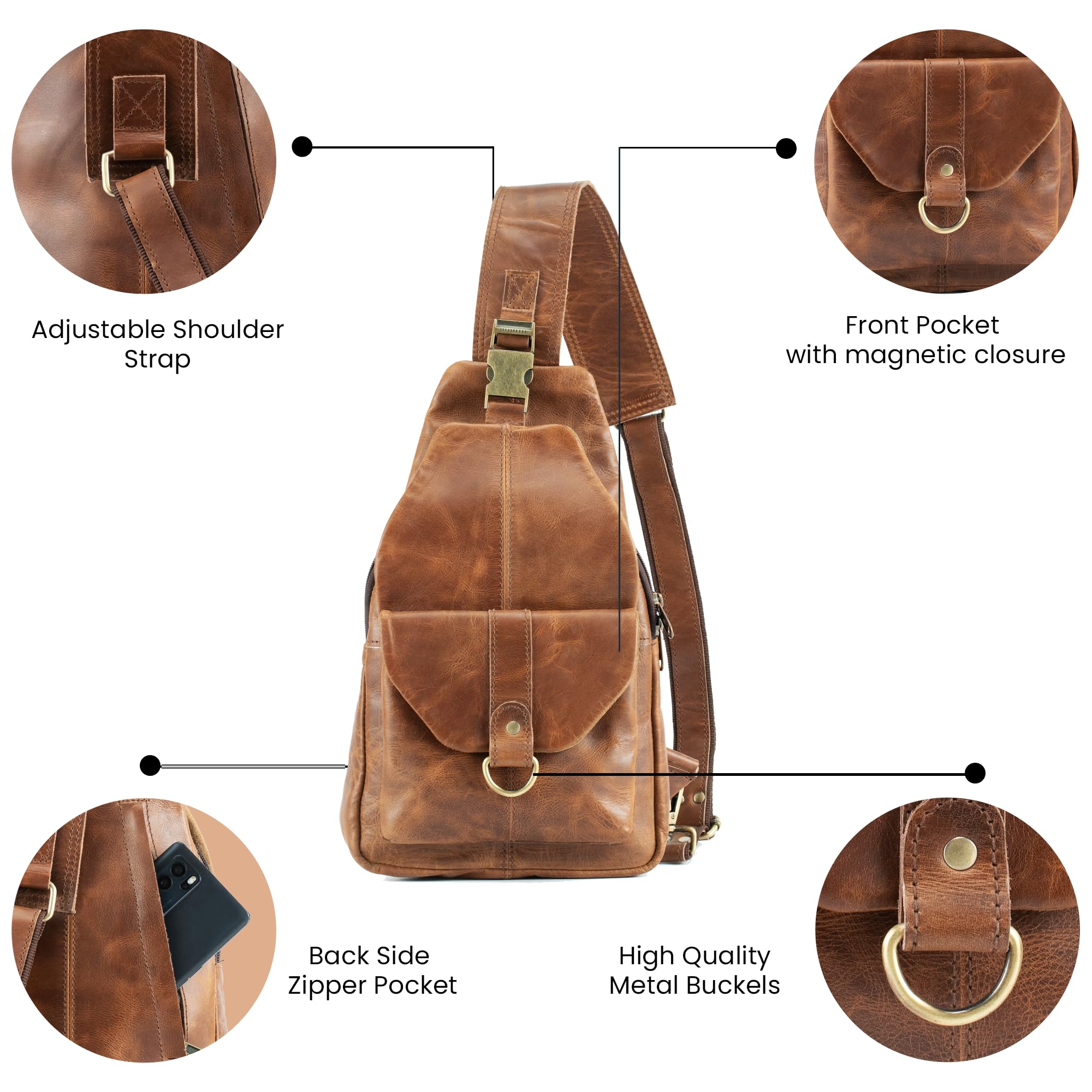 Genuine Leather Crossbody Backpack for Men - Handmade Sling Bag with Adjustable Strap, Travel Hiking Daypack & Purse - Perfect for Outdoor Adventures, Commuting and Daily Use