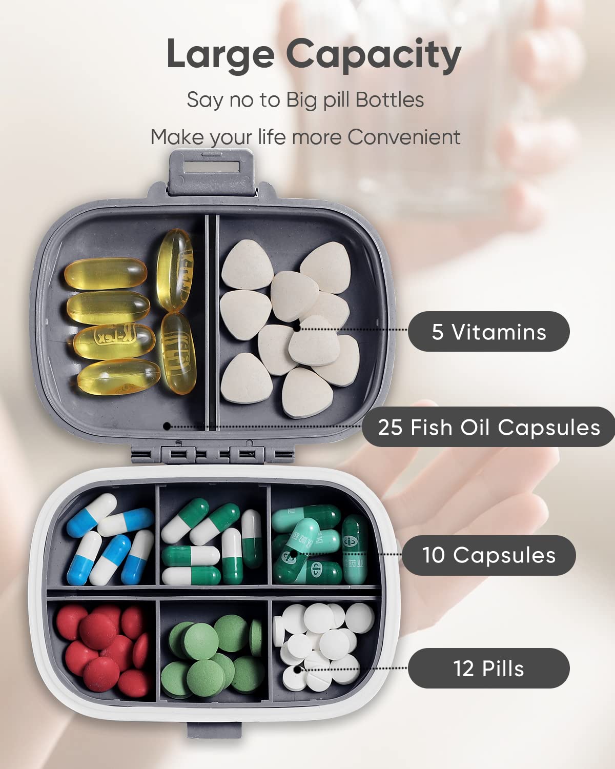 Holii 8-Compartment Travel Pill Organizer - Portable Daily Pill Case for Vitamins & Medication - Compact Medicine Container for Purse, Pocket & On-The-Go Use (Gray) | Perfect for Travel, Work & Daily Health Routine
