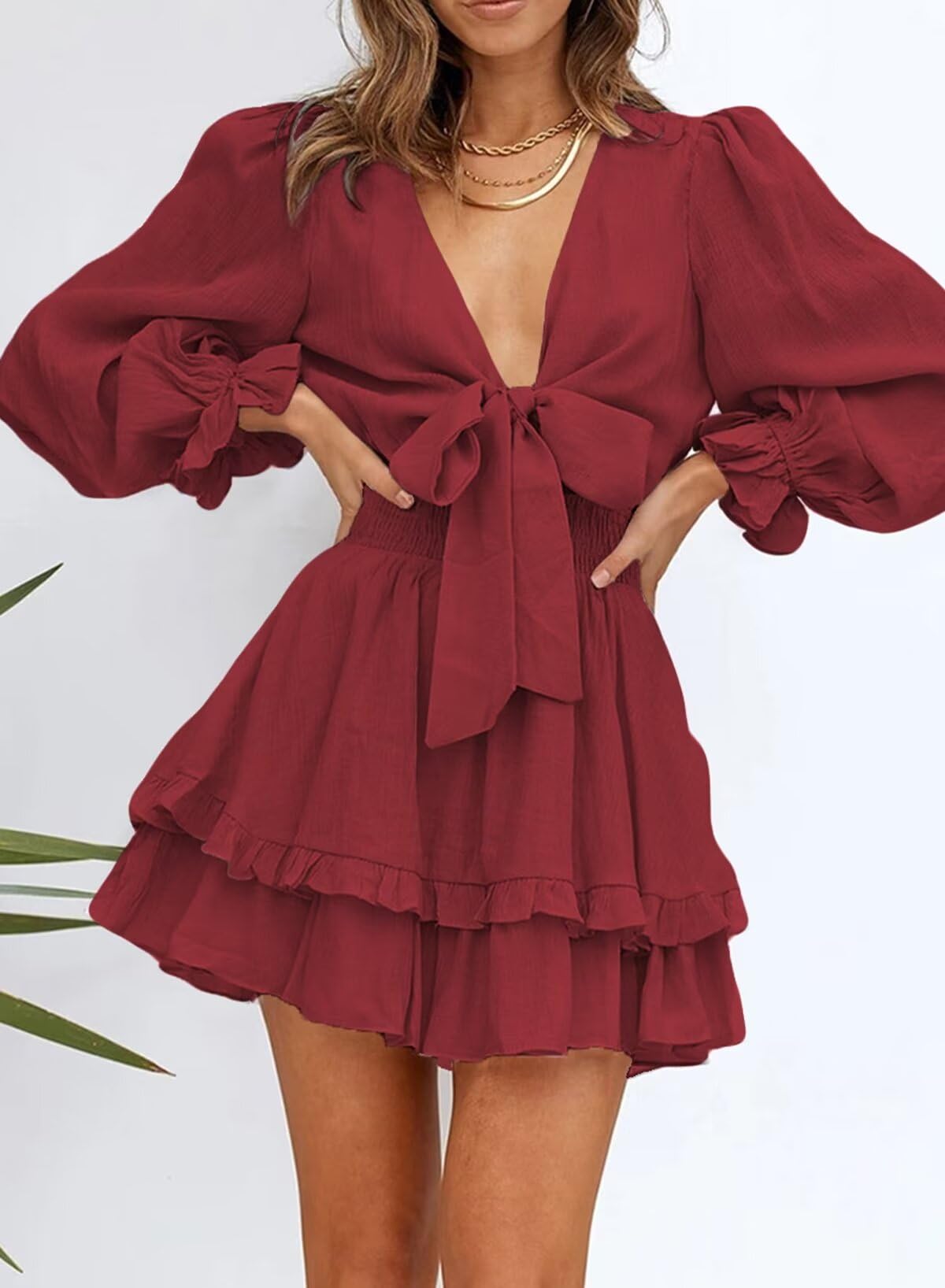 Dokotoo Women's Elegant Deep V Neck Knotted Tiered Chiffon Mini Skater Dress - Summer Casual Swing Dress for Party, Date Night & Vacation 2025