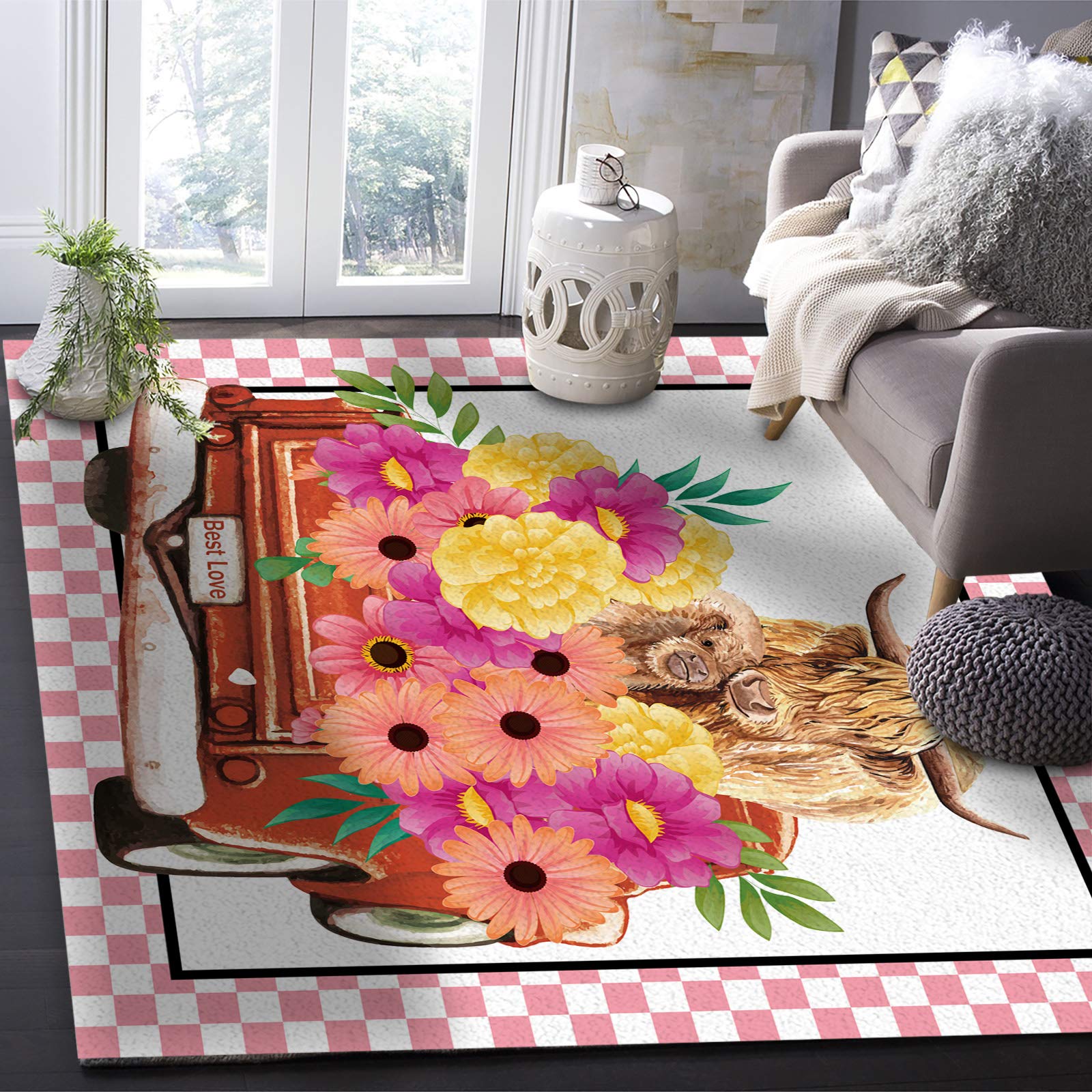 4'x7' Washable Area Runner Rug - Happy Mother's Day Floral Design for Indoor/Outdoor Use in Kitchen, Living Room, Bathroom, Bedroom, Classroom & Laundry Room - Farm Animal Cow Pink Buffalo Check Border Decor Rug