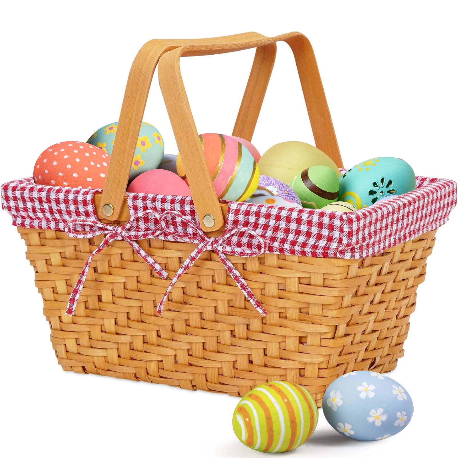 Handmade Woven Easter Baskets with 2 Folding Handles - Decorative Gift Baskets for Candy, Bread & Small Storage - Perfect for Easter Gifts, Kitchen Organization & Bathroom Toy Storage (Red)