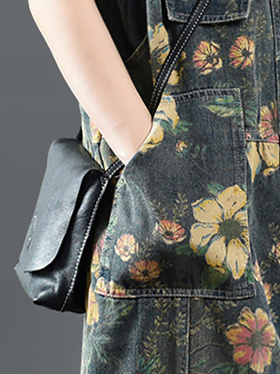 Plus Size Floral Print Denim Jumpsuit for Women - Casual Cotton Overalls & Dungarees - Perfect for Spring Outings, Picnics and Everyday Wear