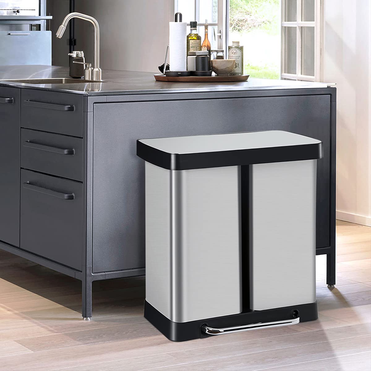 16 Gallon Stainless Steel Dual Trash Can with Lid - 60L High Capacity Step Garbage Bin for Kitchen, Bathroom, Bedroom & Office - Perfect for Waste Separation & Recycling in Home or Workplace
