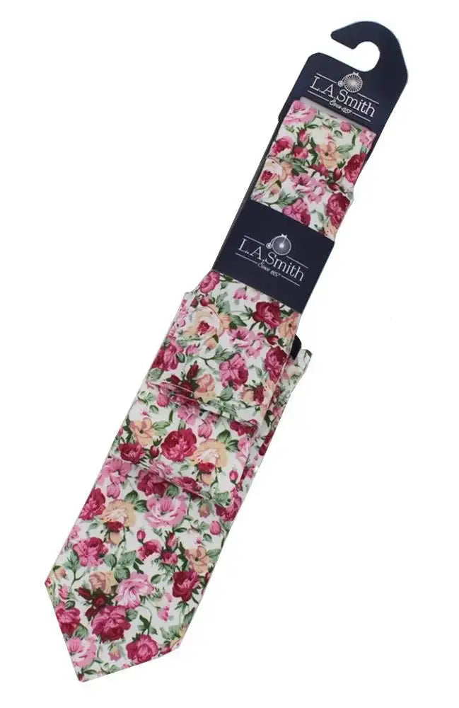 L A Smith Pink Beautiful Flower Tie and Hank Set - Elegant Floral Bow Tie & Pocket Square Set for Weddings, Prom & Formal Events