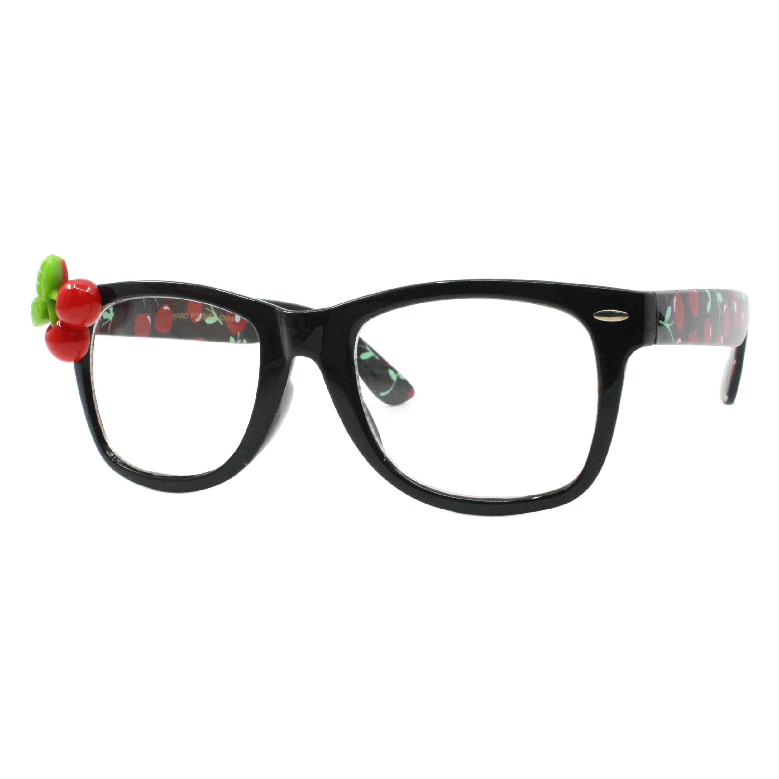 PASTL Cherry Embellished Clear Lens Glasses - Black Square Frame UV 400 Protection - Stylish Reading & Fashion Eyewear for Women