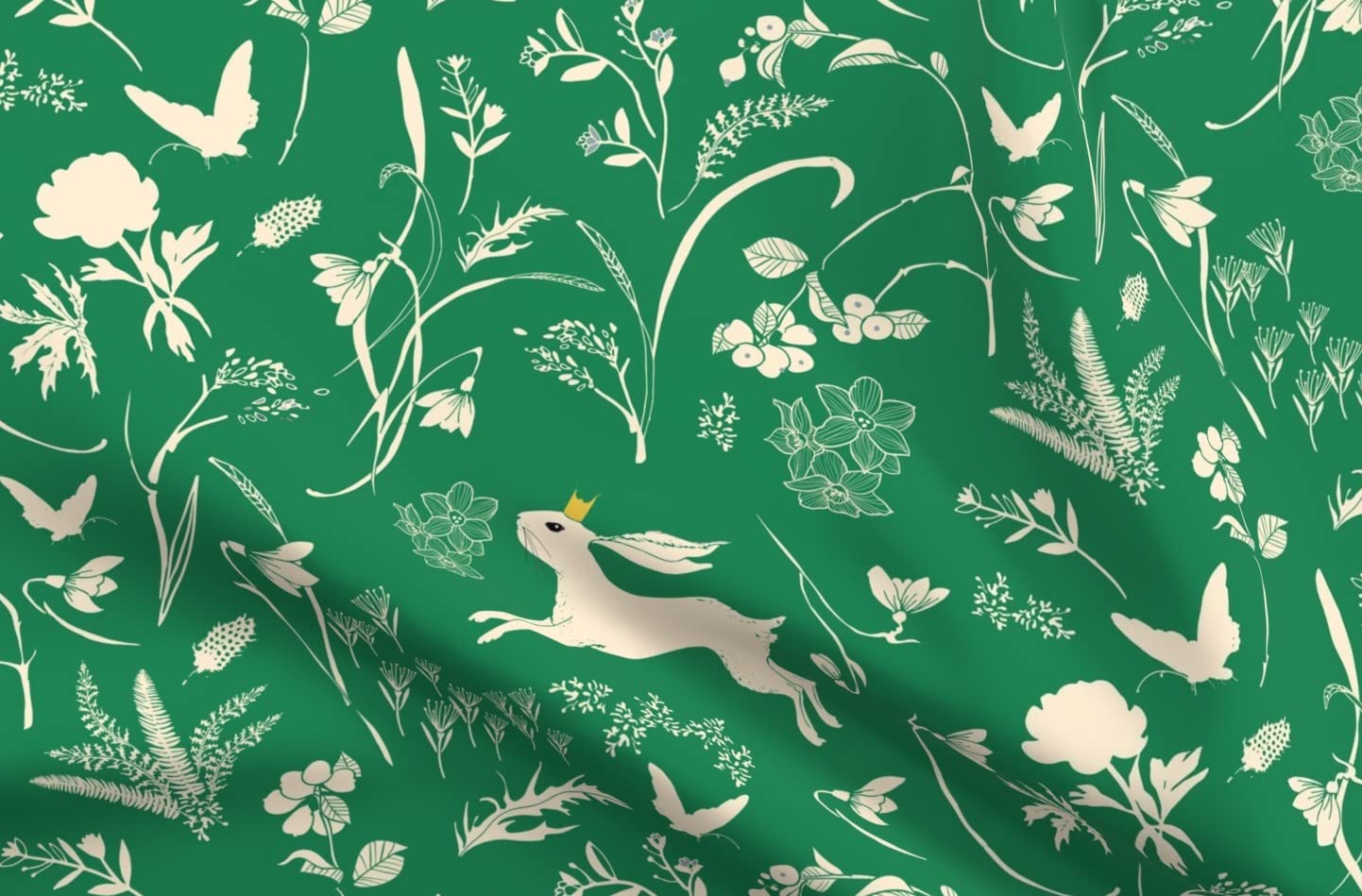 Rabbit Emerald Green Easter Spring Garden Woodland Velvet Fabric by The Yard - Upholstery, Home Decor & Apparel Material - Perfect for DIY Projects, Easter Decorations, and Spring Home Styling