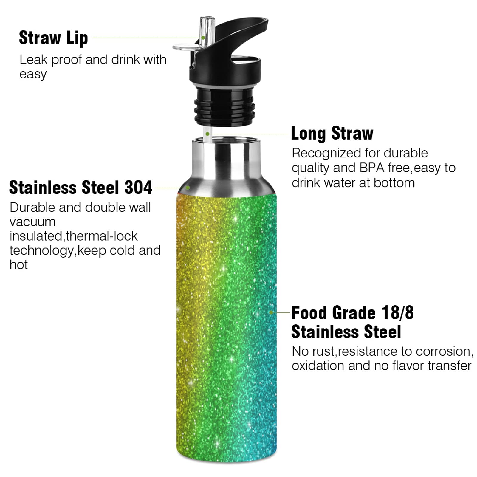 SUABO 20oz Insulated Stainless Steel Water Bottle with Straw - Rainbow Glitter Design for Kids, Teens & Adults | BPA Free Leakproof Sports Bottle for School, Gym, Hiking & Outdoor Activities