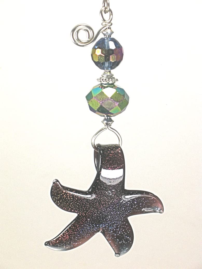 Iridescent Purple Stardust Starfish Lampwork Glass Ceiling Fan Pull - Handmade Glass Pendant for Home Decor, Coastal Theme Bedroom Lighting Accessory
