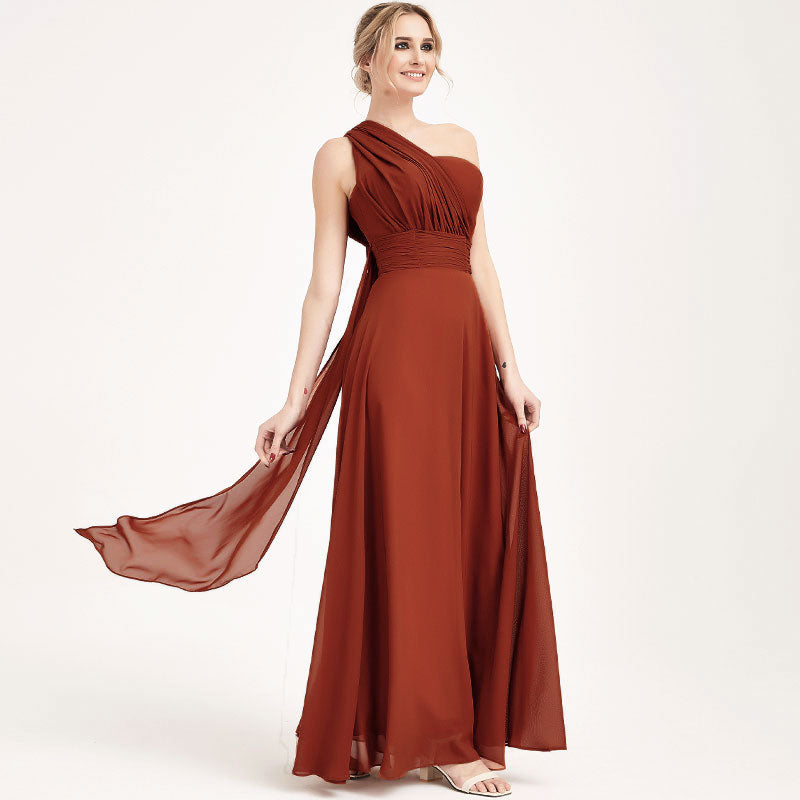 Elegant Convertible Chiffon Bridesmaid Dress - Wrap Style Rusty Red Maxi Gown for Weddings, Parties & Special Occasions