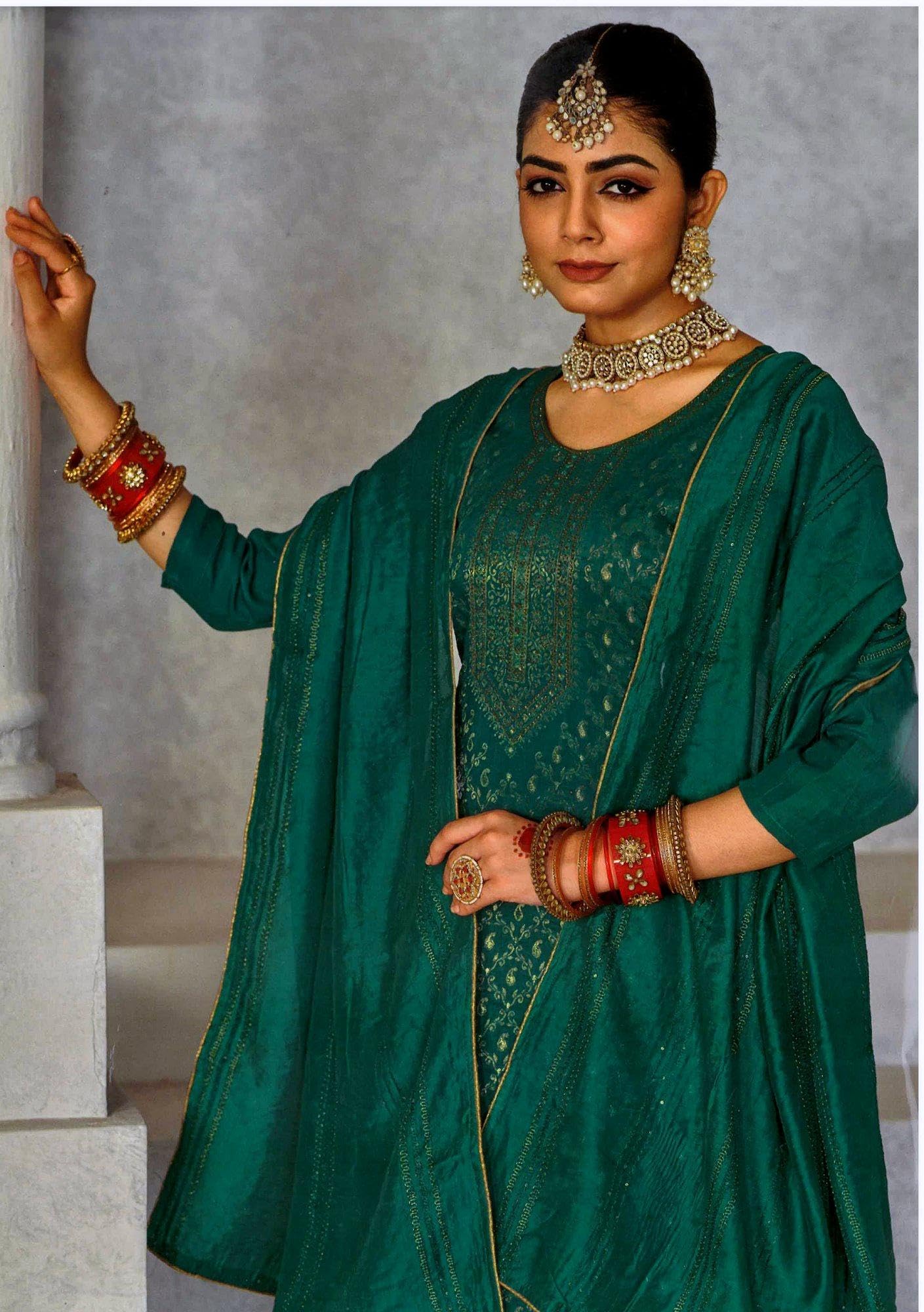 Ladylin Elegant Brocade Silk Salwar Kameez Suit Set with Embroidered Dupatta & Palazzo Pants | Traditional Indian Ethnic Outfit for Women | Perfect for Weddings, Parties, Festivals & Special Occasions | Boho Chic & Formal Wear