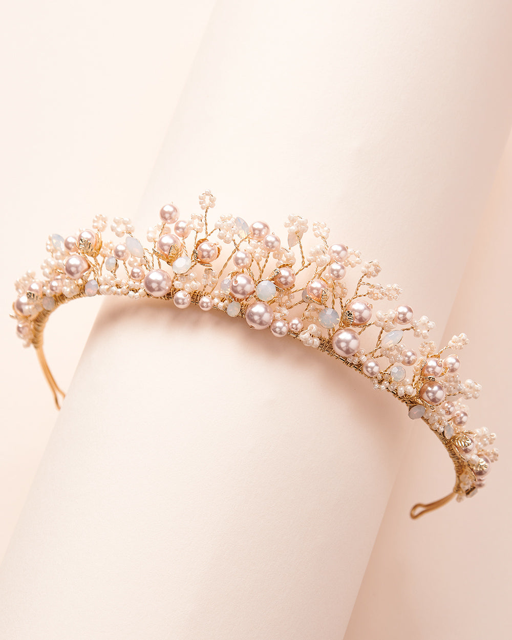 Champagne & Gold Pearl Tiara - Elegant Bridal Hairpiece for Weddings, Prom, and Special Occasions