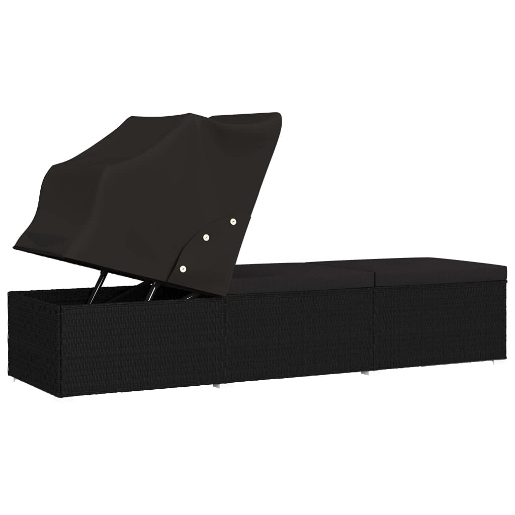 Outdoor Sunbed Patio Furniture - Black Poly Rattan Sun Lounger with Canopy & Cushion | Fast Shipping | Perfect for Poolside, Garden & Backyard Relaxation
