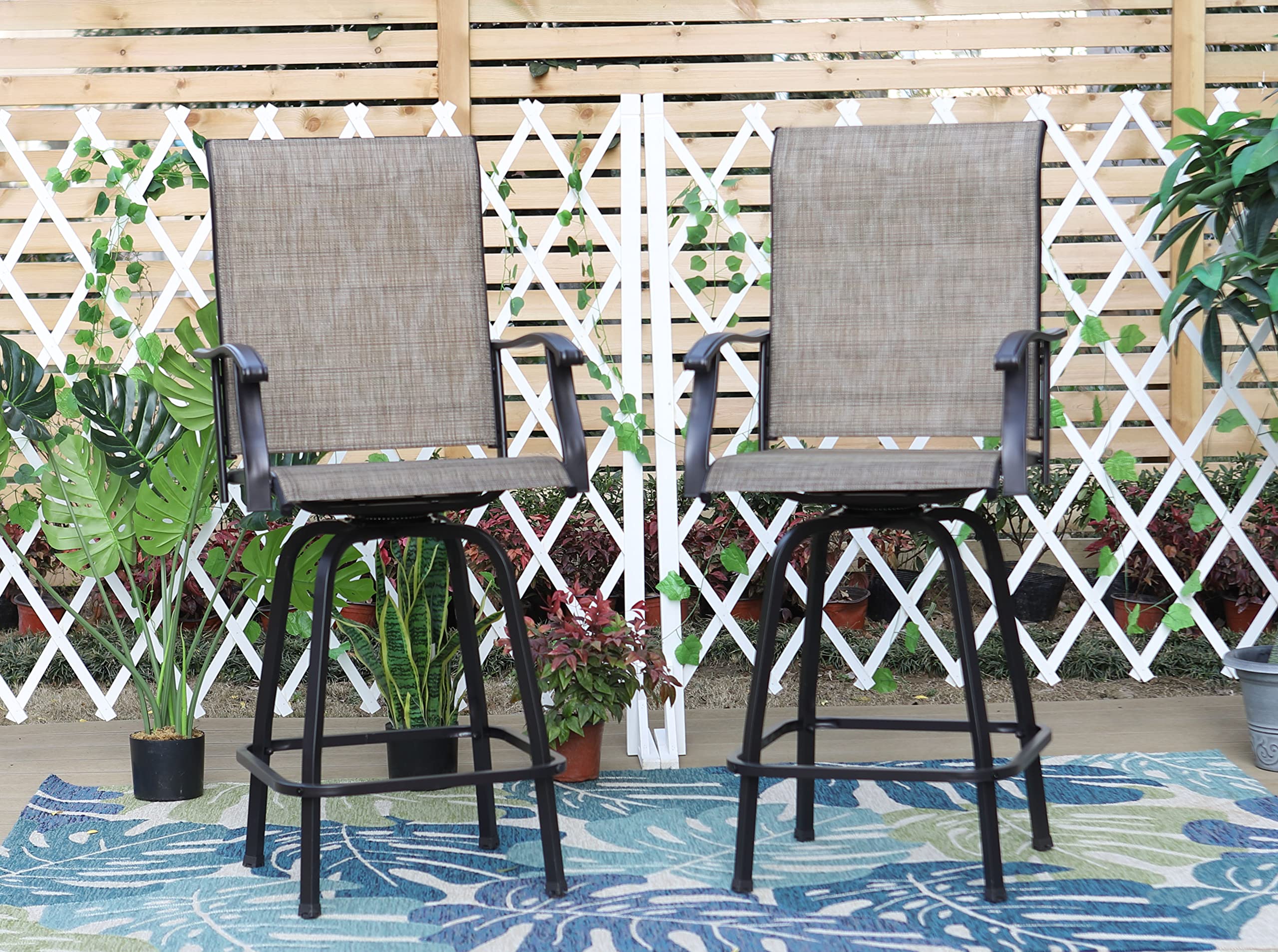 PHI VILLA Outdoor Swivel Bar Stools Set of 2 - 360° Rotating Bar Height Chairs for Patio, Deck, Poolside & Backyard - Weather-Resistant Metal & Wicker Dining Furniture