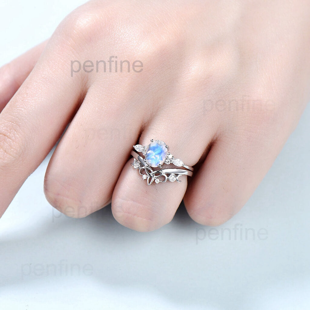 Viking Wedding Ring Set with Rainbow Moonstone - Norse Inspired Blue Oval Gemstone Engagement & Wedding Band for Women - Perfect for Handfasting Ceremonies, Pagan Weddings & Norse Themed Events