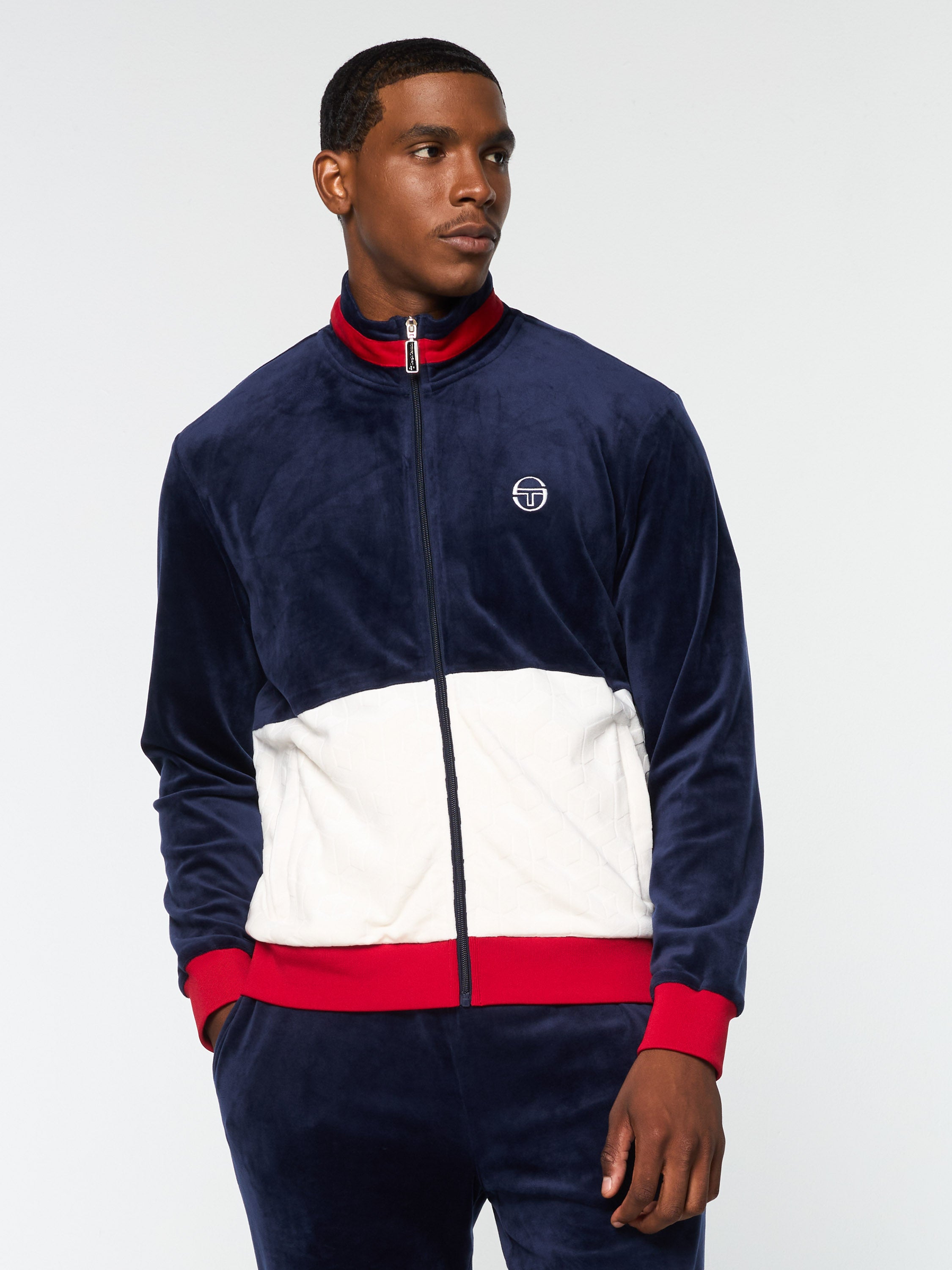 Foggia Velour Debossed Track Jacket - Premium Men's Athletic Zip Up Hoodie in Maritime Blue | Gym, Running & Casual Wear
