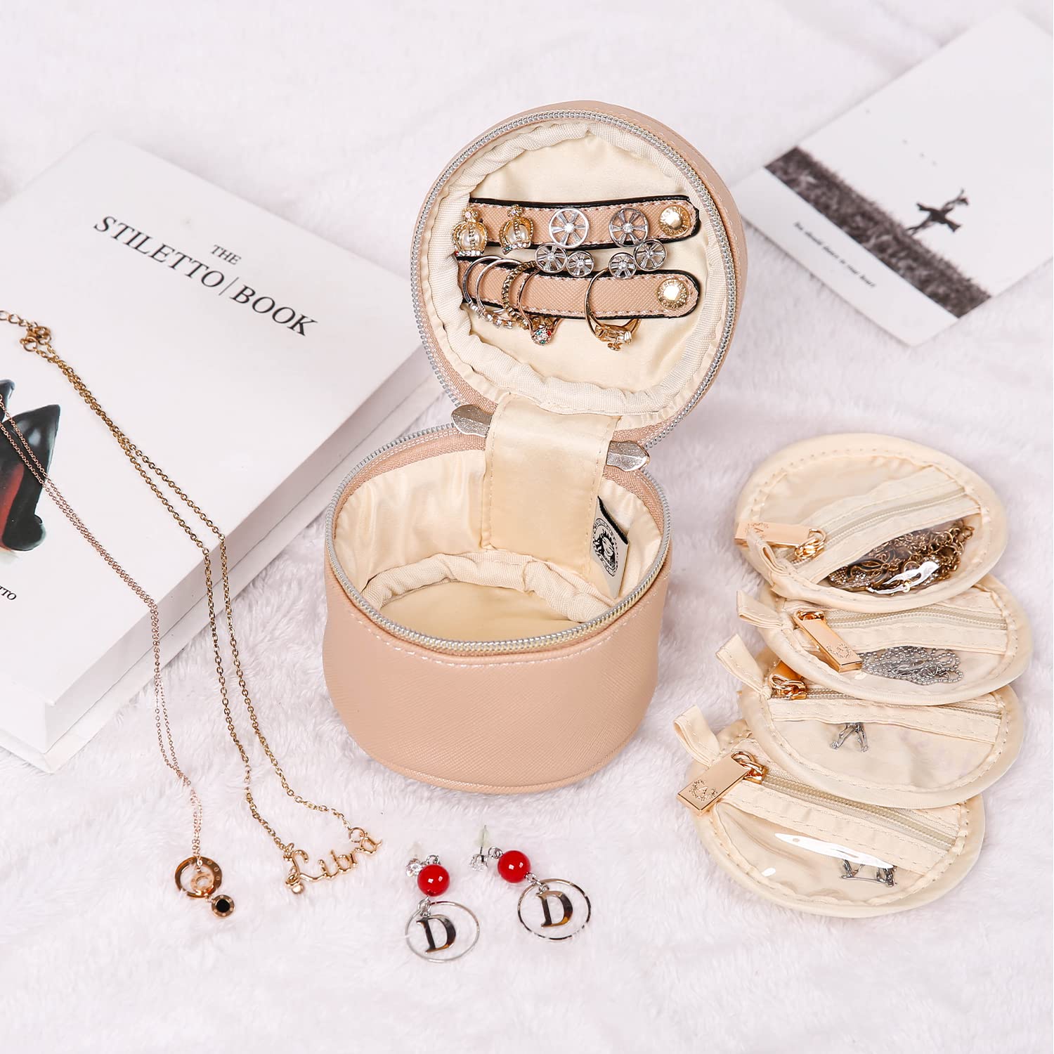 Angelina's Palace Round Jewelry Organizer - Vegan Leather Travel Jewelry Case for Necklaces, Earrings, Bracelets & Rings | Bridesmaid Gift Idea | Light Fawn | Perfect for Travel, Home Storage & Wedding Accessories