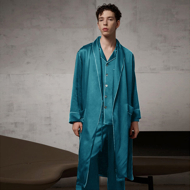 Luxury Pure Silk Robe and Pants Set with Contrast Piping & Belt - Elegant Loungewear for Spa, Bridal, and Home Relaxation