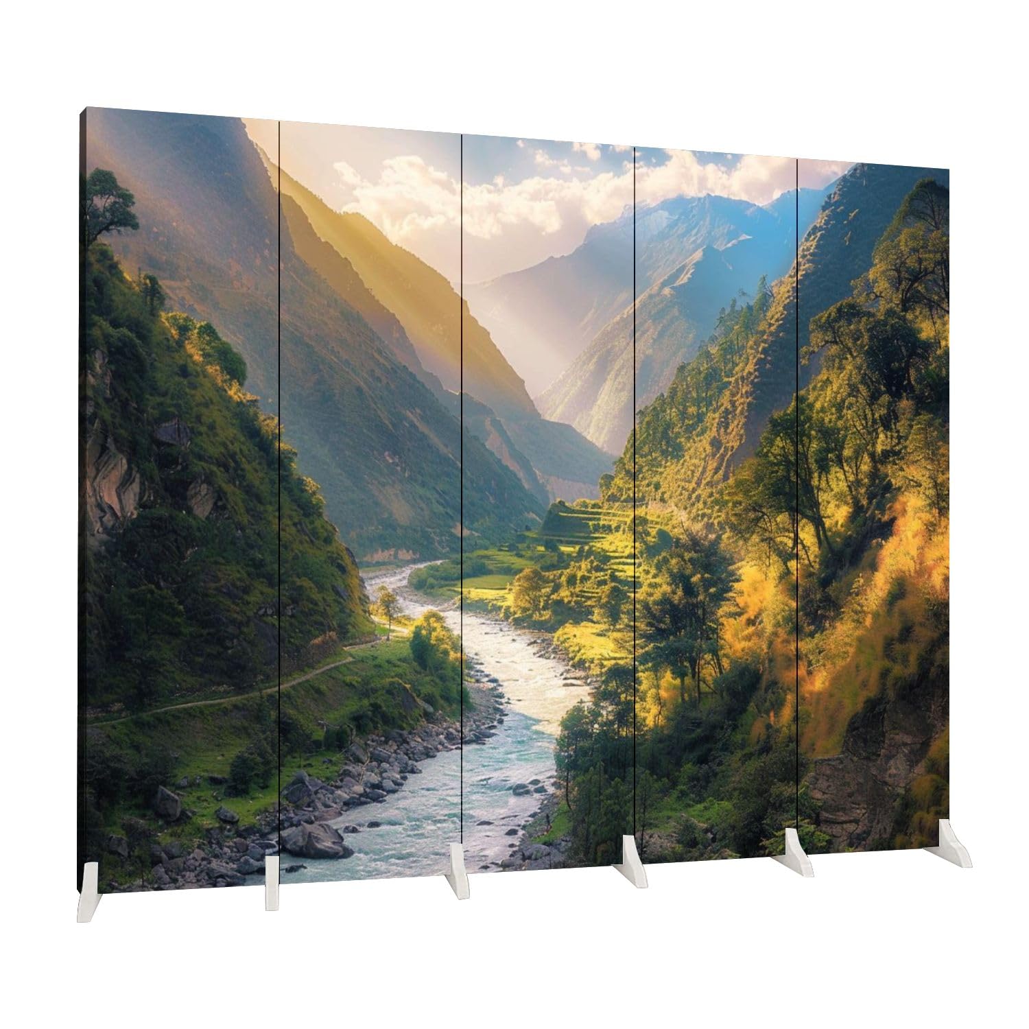 5-Panel Folding Room Divider - Colorful Himalayan Mountain Landscape with Curving River Canvas - Freestanding Privacy Partition for Living Room, Bedroom & Office - Indoor Protective Screen & Space Separator