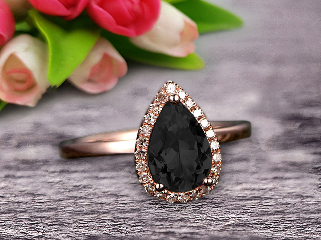 1.25 Carat Halo Pear Cut Black Diamond Moissanite Engagement Ring - Handcrafted 10k Rose Gold Solitaire Stackable Band - Perfect for Proposals, Anniversaries & Special Occasions