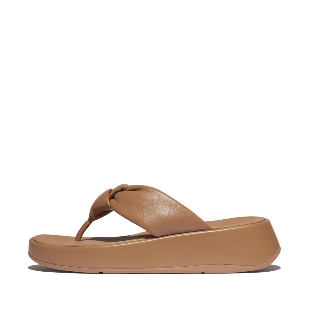 FitFlop F Mode Knot Soft Leather Toe Post Flatform Sandals for Women - Classic Tan | Comfortable Summer Beach Walking Shoes for Vacation & Casual Outings