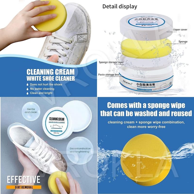 VROKLA White Shoe Cleaner Cream with Sponge - Instant Whitening & No-Wash Cleaning Kit for Sneakers, Shoes & Footwear | Stain Remover & Polish (260g) | Perfect for Gym, Work & Everyday Use