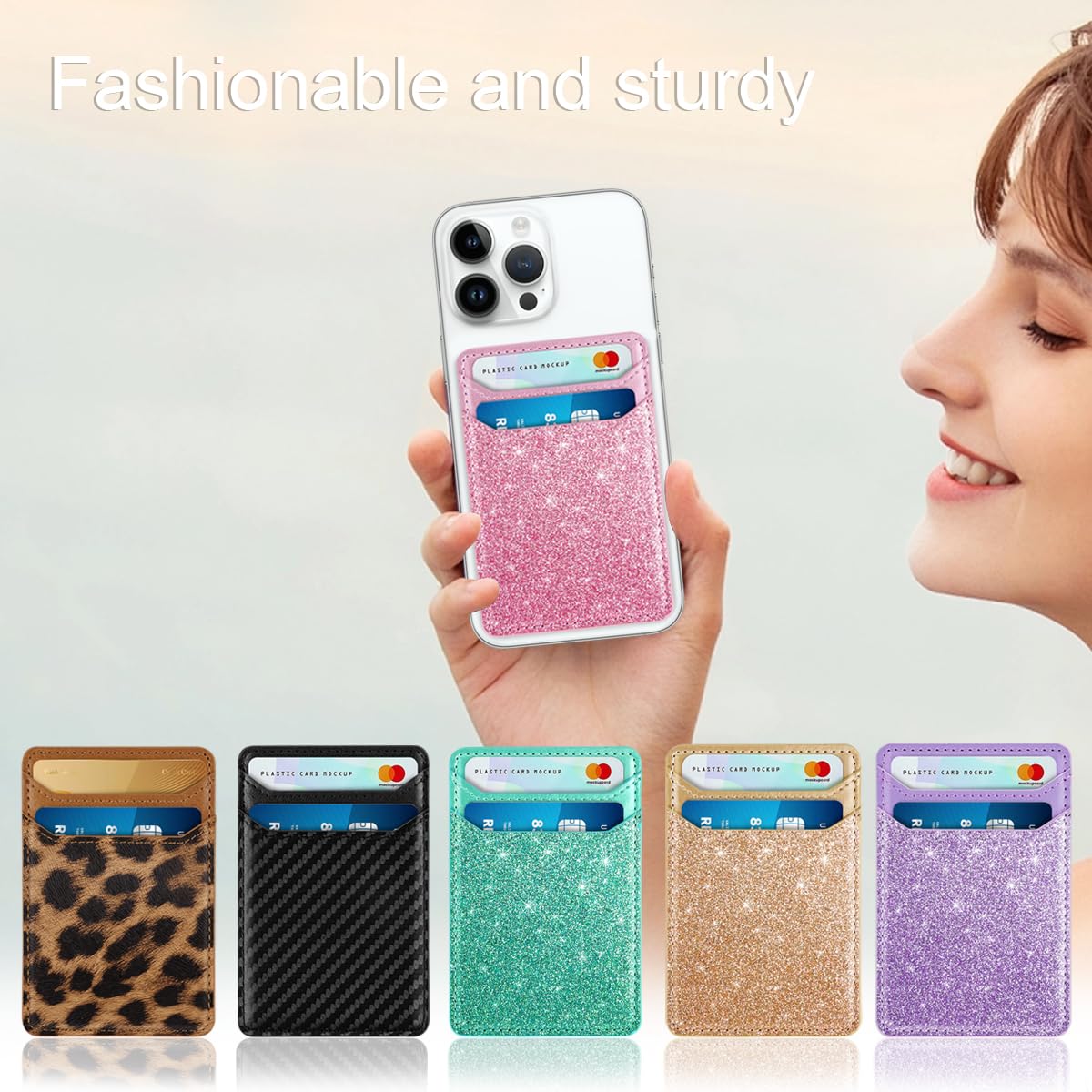 Self Adhesive Card Holder for Phone - Leather RFID Blocking Phone Wallet with Sticky Back - Credit Card Sleeve for Phone Case (Glitter Pink) - Perfect for Hands-Free Shopping & Contactless Payments