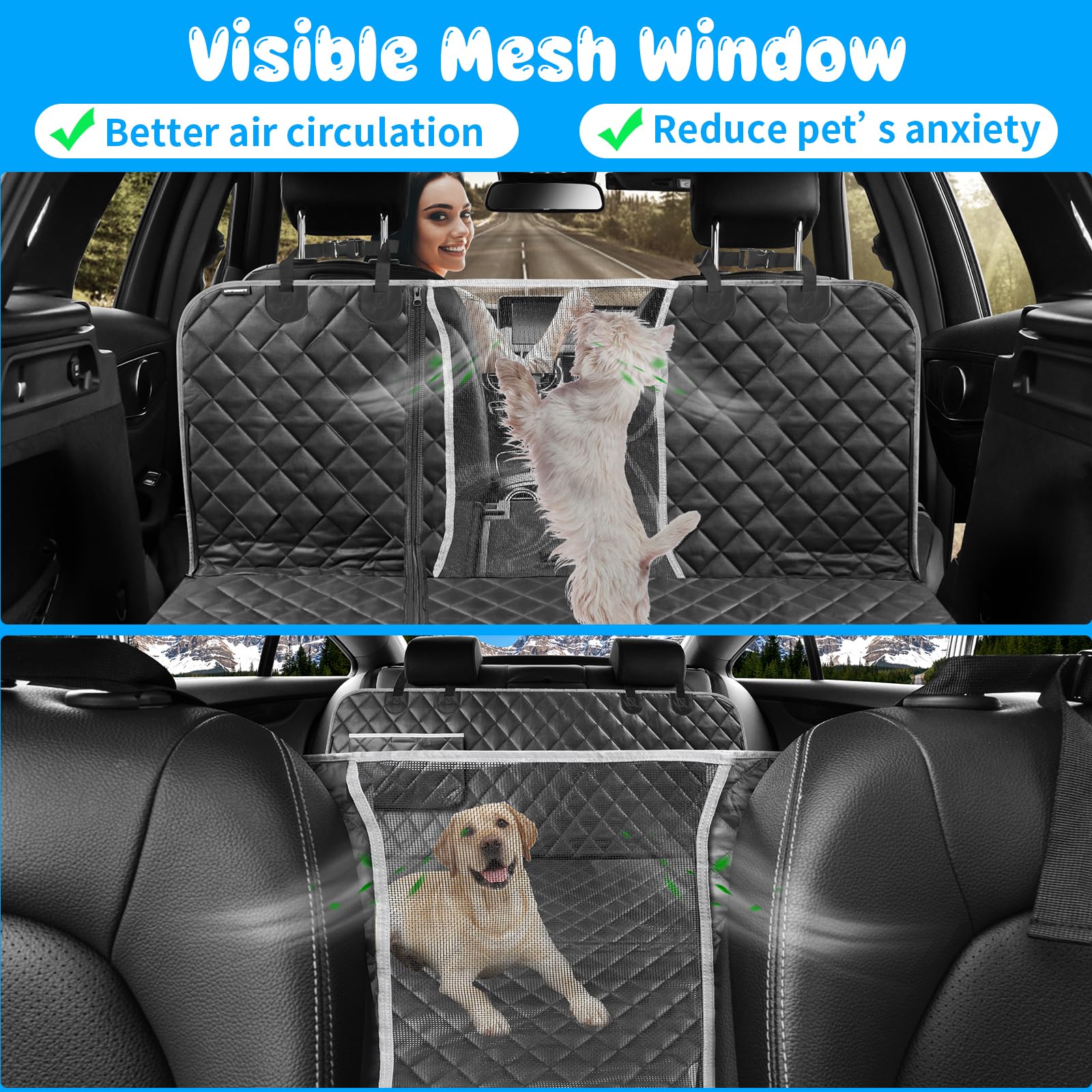 URPOWER 6-in-1 Waterproof Dog Car Seat Cover for Back Seat - 40/60 Split Pet Hammock with Mesh Window & Side Flaps - Universal Fit for Cars, SUVs & Trucks - Perfect for Road Trips, Daily Commutes & Pet Travel Protection