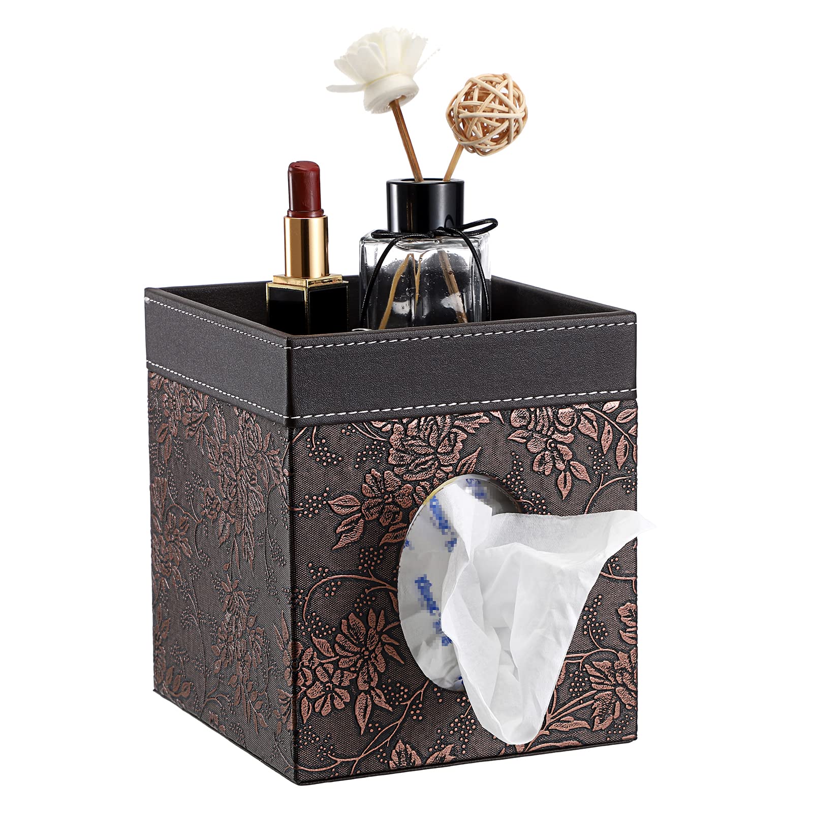 Sumnacon Leather Square Tissue Box Cover - Decorative Cube Tissue Box Holder with Tray, Stylish Facial Tissue Holder for Bathroom, Vanity, Dresser, Home Office & Bar - Brown Floral Design - Perfect for Home Decor & Gift Giving