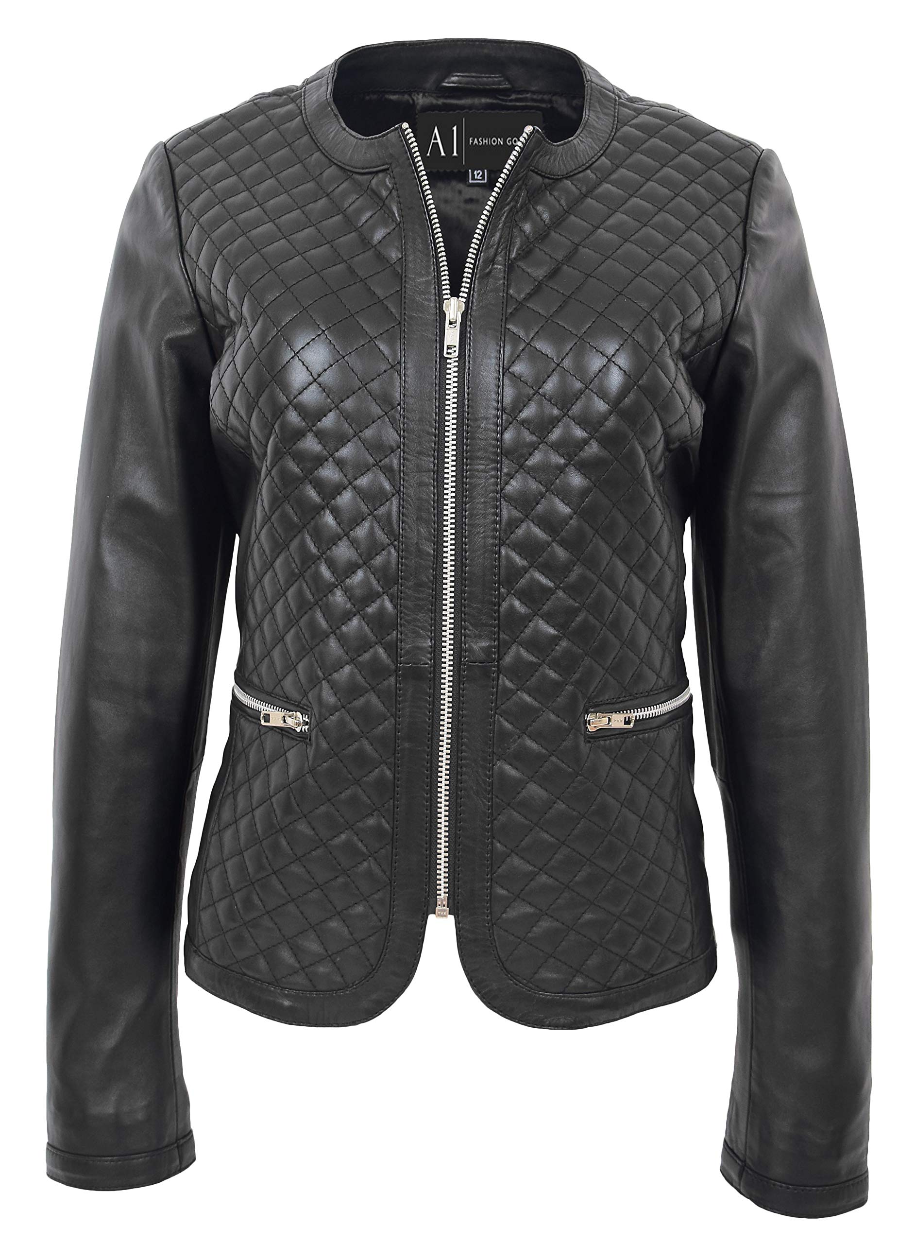 Women's Collarless Soft Black Leather Jacket - Biker Style Fitted Quilted Stitch Design for Motorcycle Riding & Casual Outfits