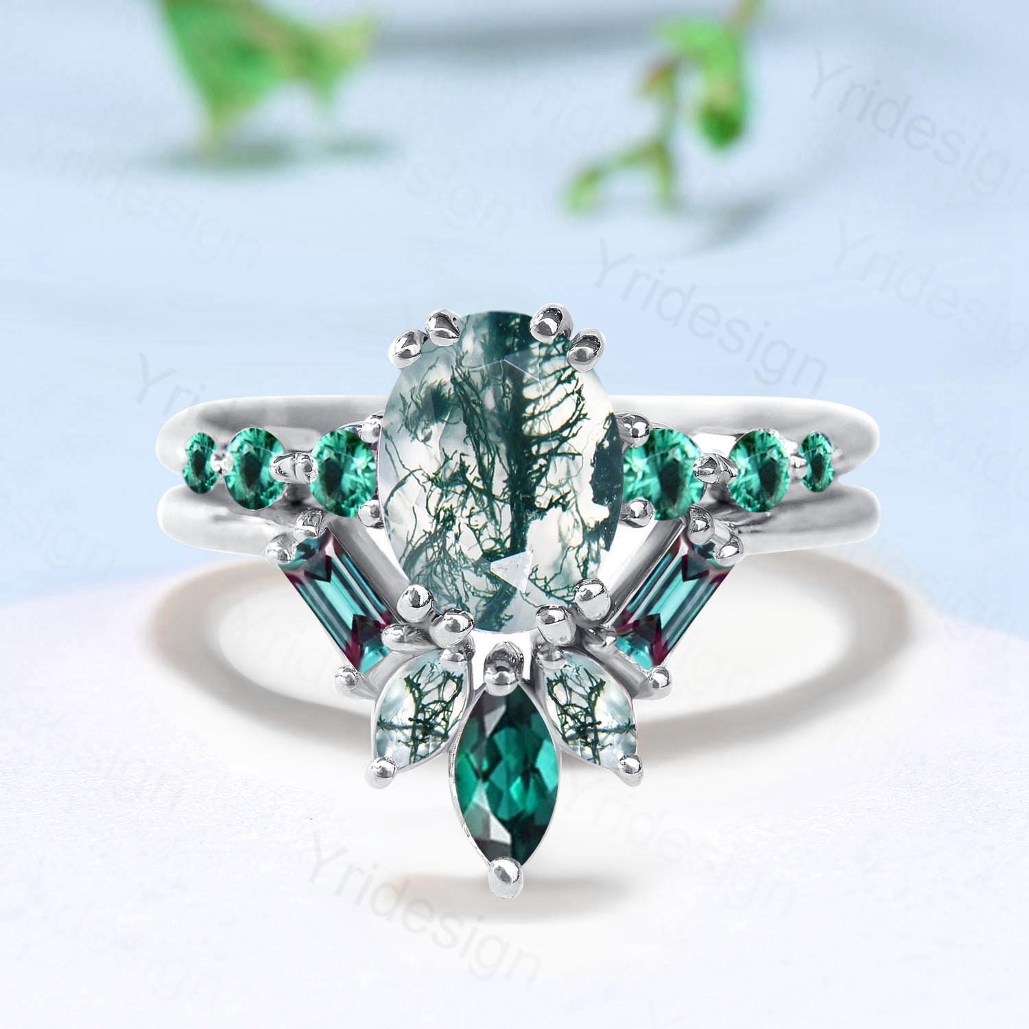 1.5CT Natural Oval Green Moss Agate Engagement Ring Set with Seven Stone Alexandrite & Emerald - Unique Bridal Jewelry for Women, Wedding, Anniversary & Special Occasions